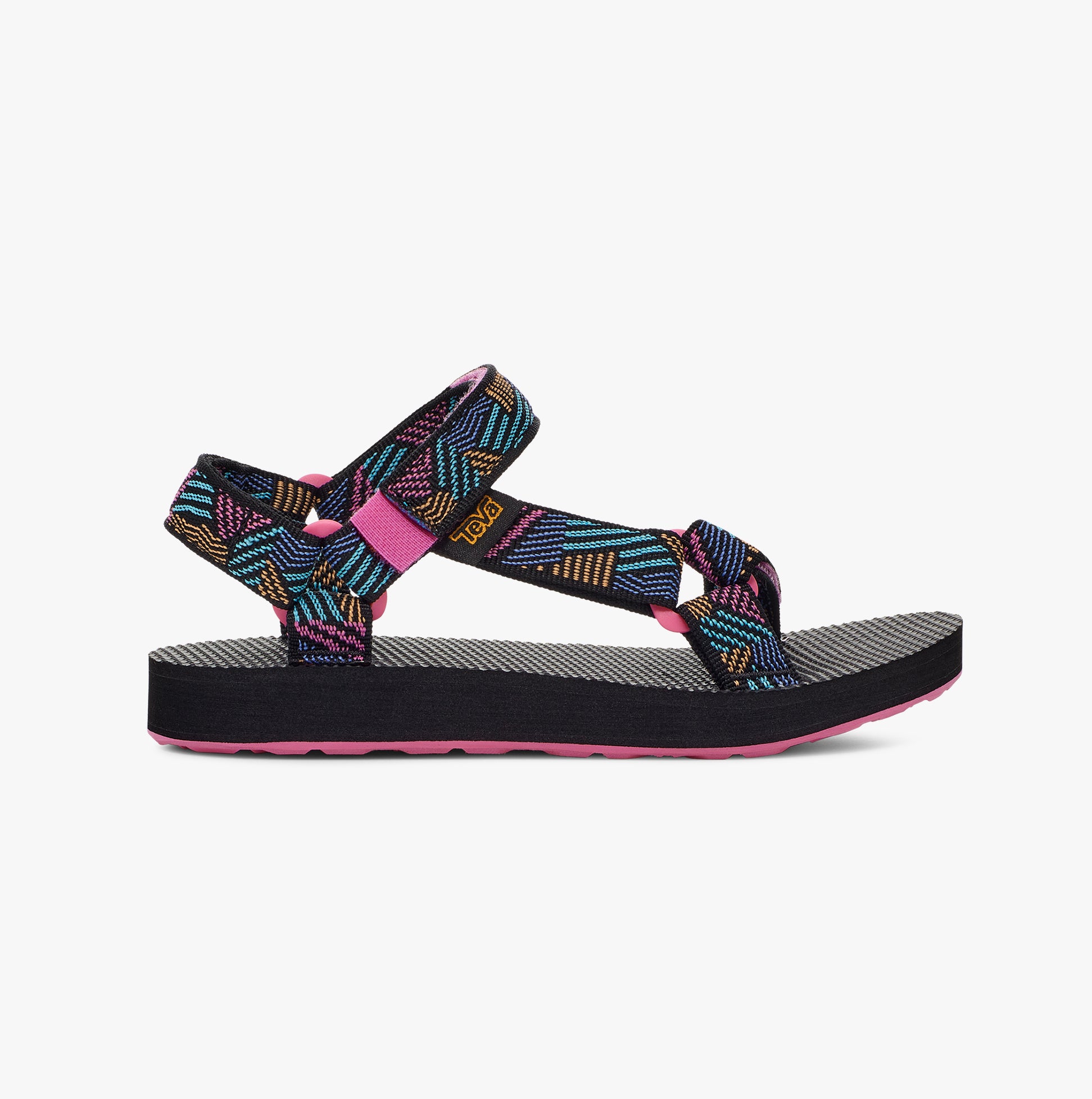 Teva ORIGINAL UNIVERSAL Kids Sandals Borderless Black side view with colorful straps and black rubber sole.