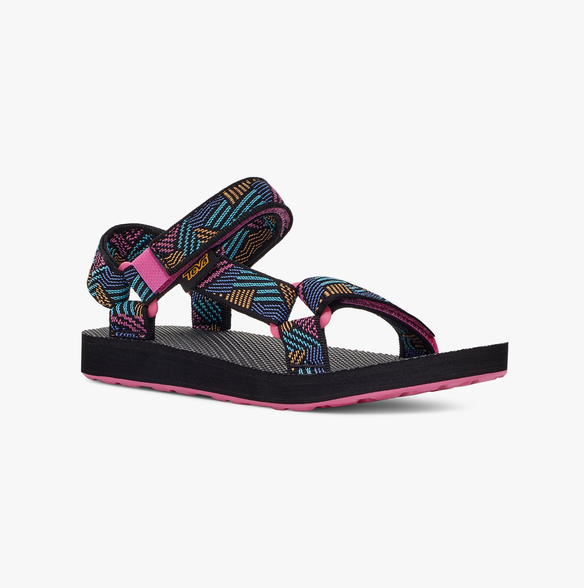 Teva ORIGINAL UNIVERSAL Kids Sandals Borderless Black side view featuring a colorful textile upper and rubber sole.