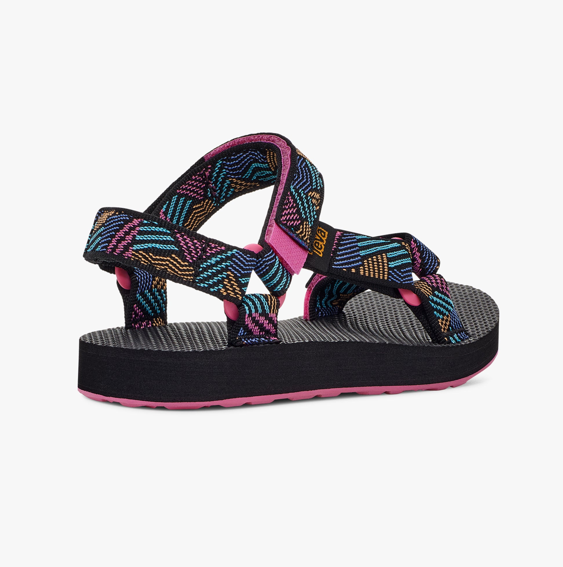 Teva ORIGINAL UNIVERSAL Kids Sandals Borderless Black side view with colorful strap design and pink sole.