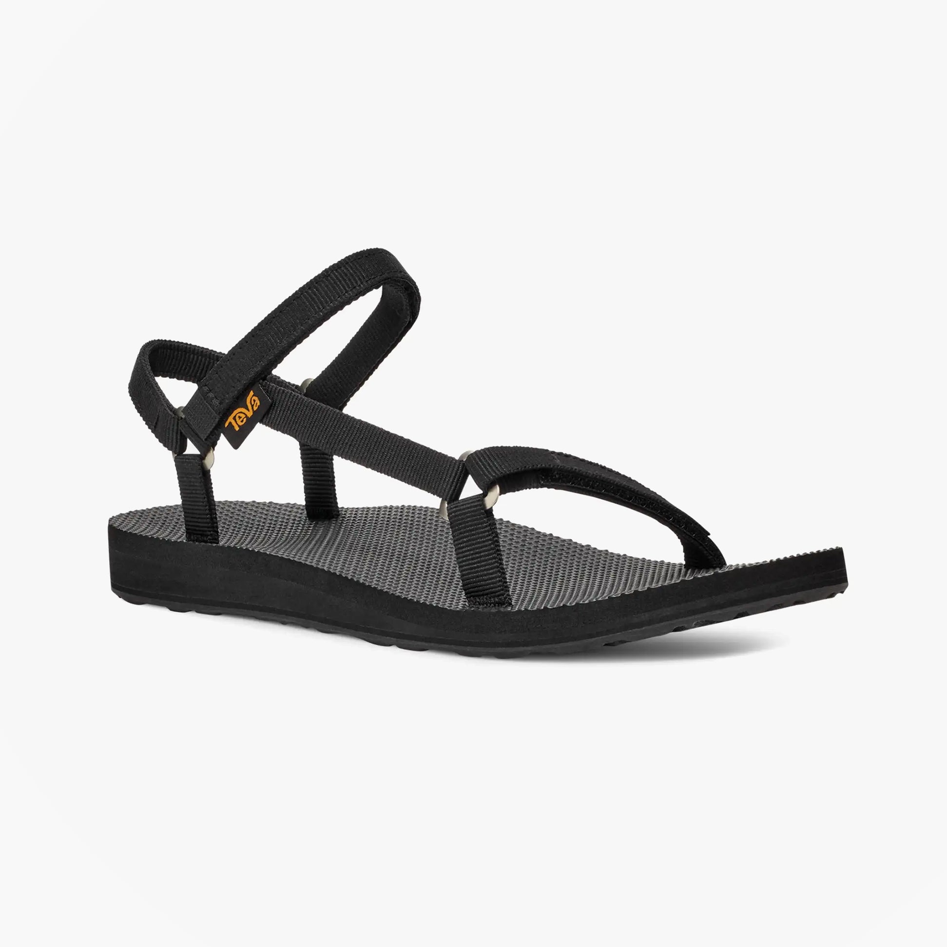 Teva ORIGINAL UNIVERSAL Womens Sandals Slim Black side view showcasing textile upper, EVA lining, and rubber sole.