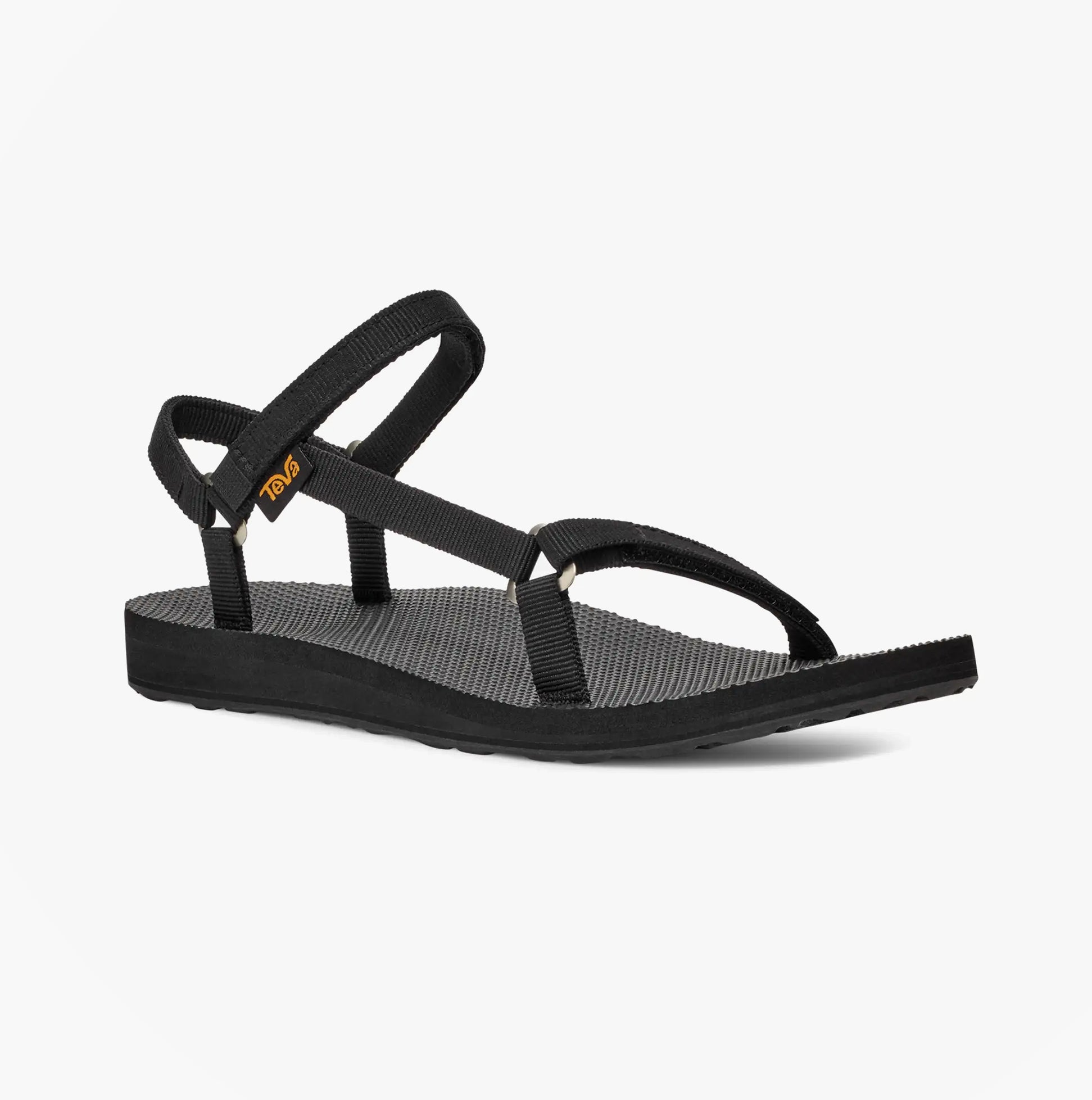 Teva ORIGINAL UNIVERSAL Womens Sandals Slim Black side view showcasing textile upper, EVA lining, and rubber sole.