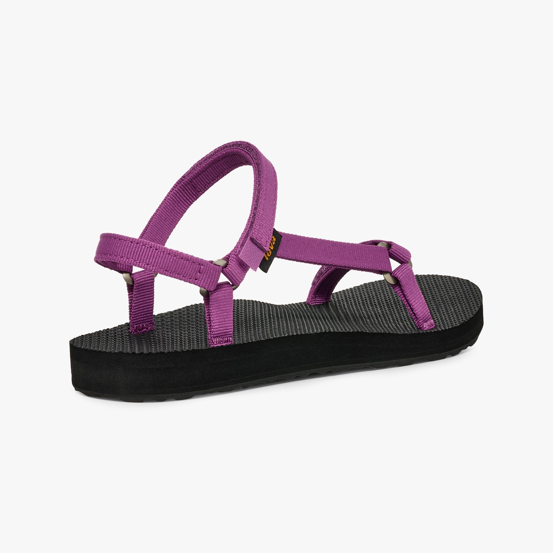 Teva ORIGINAL UNIVERSAL SLIM Womens Sandals Striking Purple side view showing purple textile upper and black rubber sole.