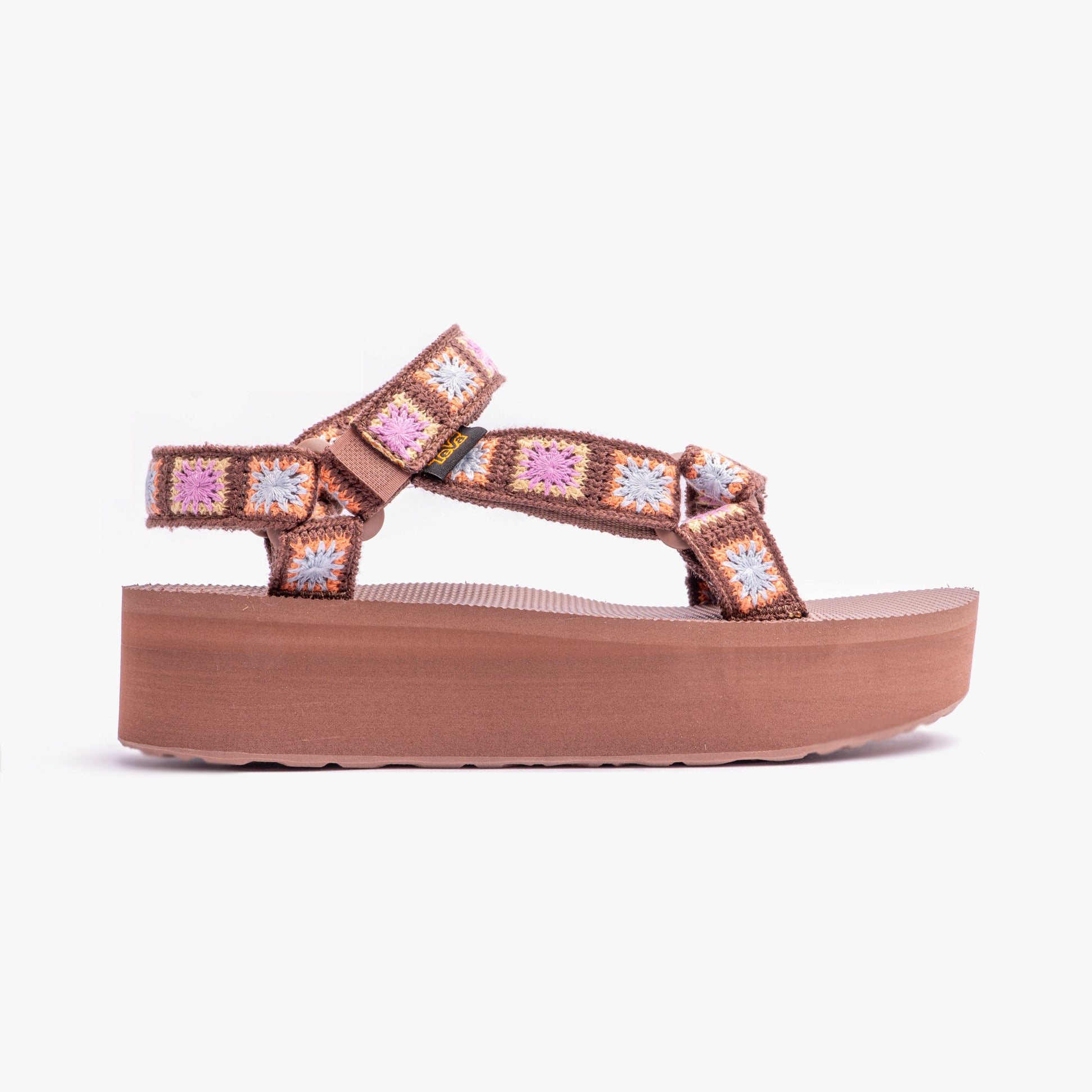 Teva FLATFORM UNIVERSAL Womens Sandals Crochet Unwind side view with colorful crochet straps and low platform.