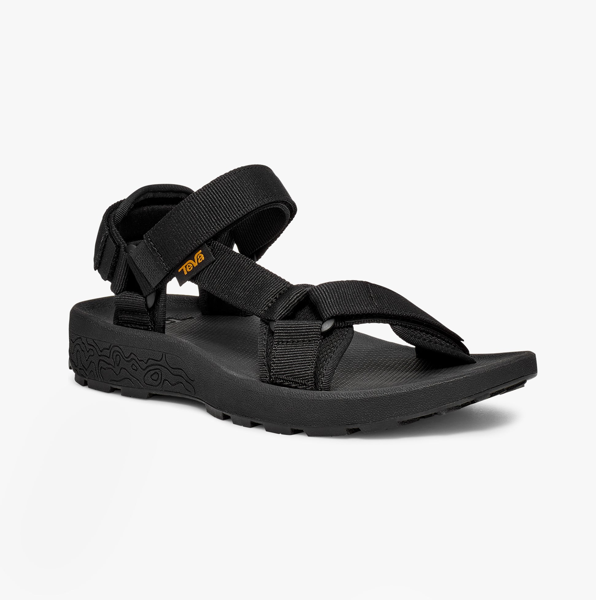 Teva HYDRATREK SANDAL Womens Sandals Black side view showcasing adjustable straps and rubber sole.