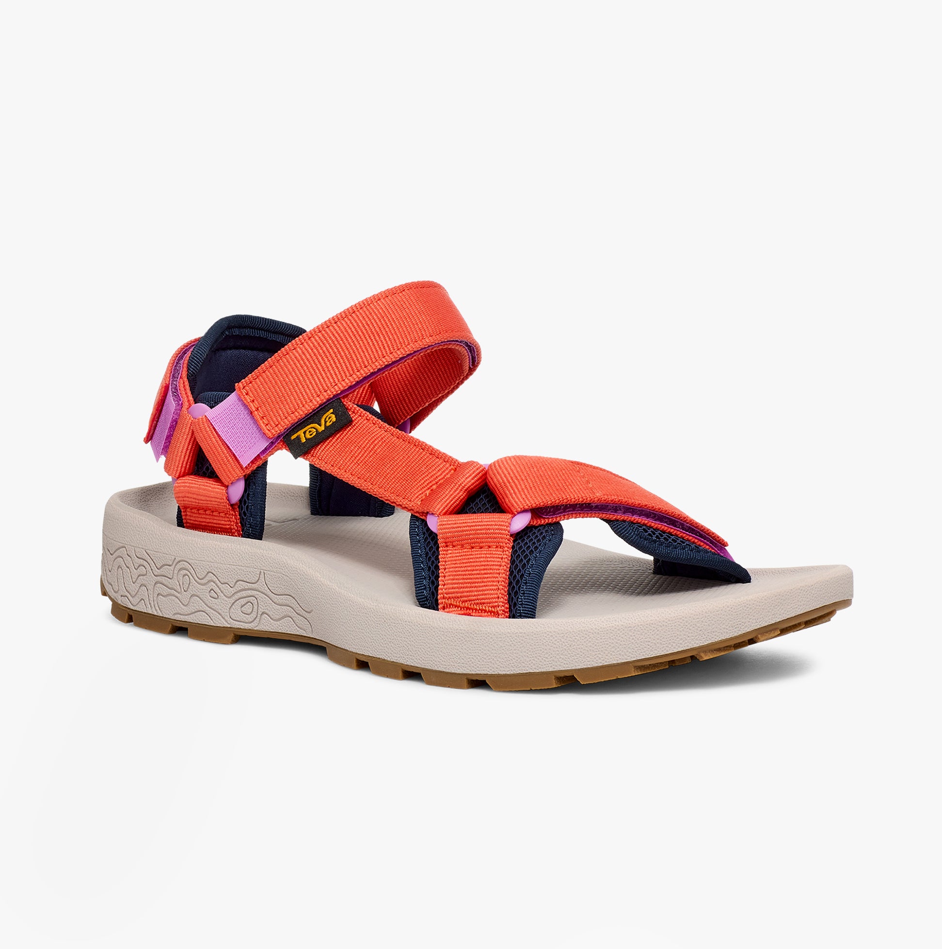 Teva HYDRATREK SANDAL Womens Sandals Tigerlily side view showcasing vibrant orange straps and cushioned sole.