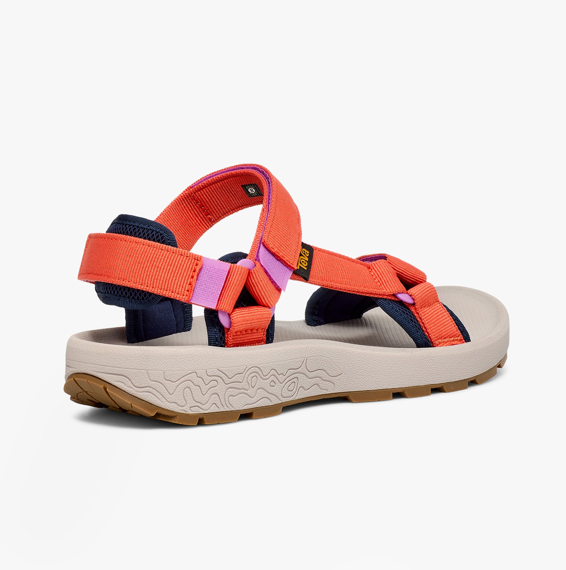 Teva HYDRATREK SANDAL Womens Sandals Tigerlily Side view showcasing vibrant orange and purple straps, lightweight rubber sole.
