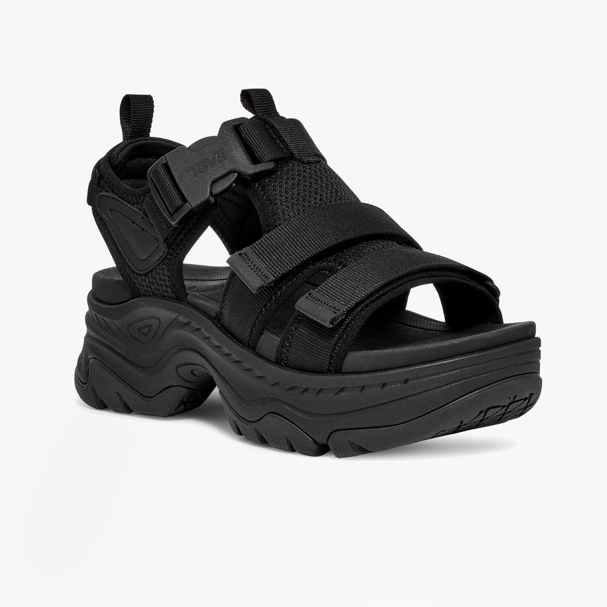Teva HURRICANE AMPSOLE GAILA Womens Sandals Black side view showcasing buckle closure and rubber sole.