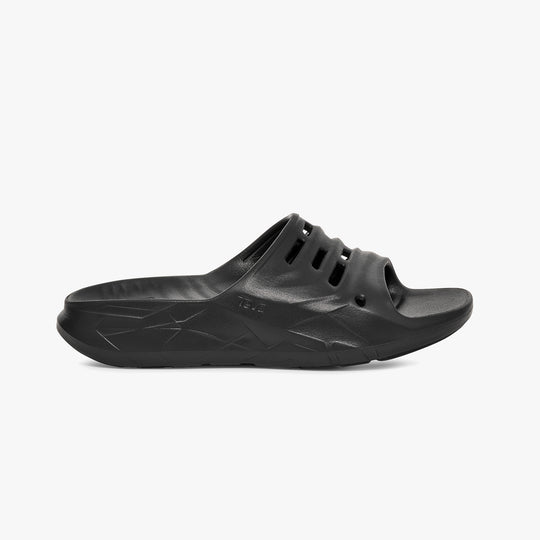 Teva Womens APRE TRAIL Sliders Black side view featuring lightweight EVA material and relaxed slip-on design.
