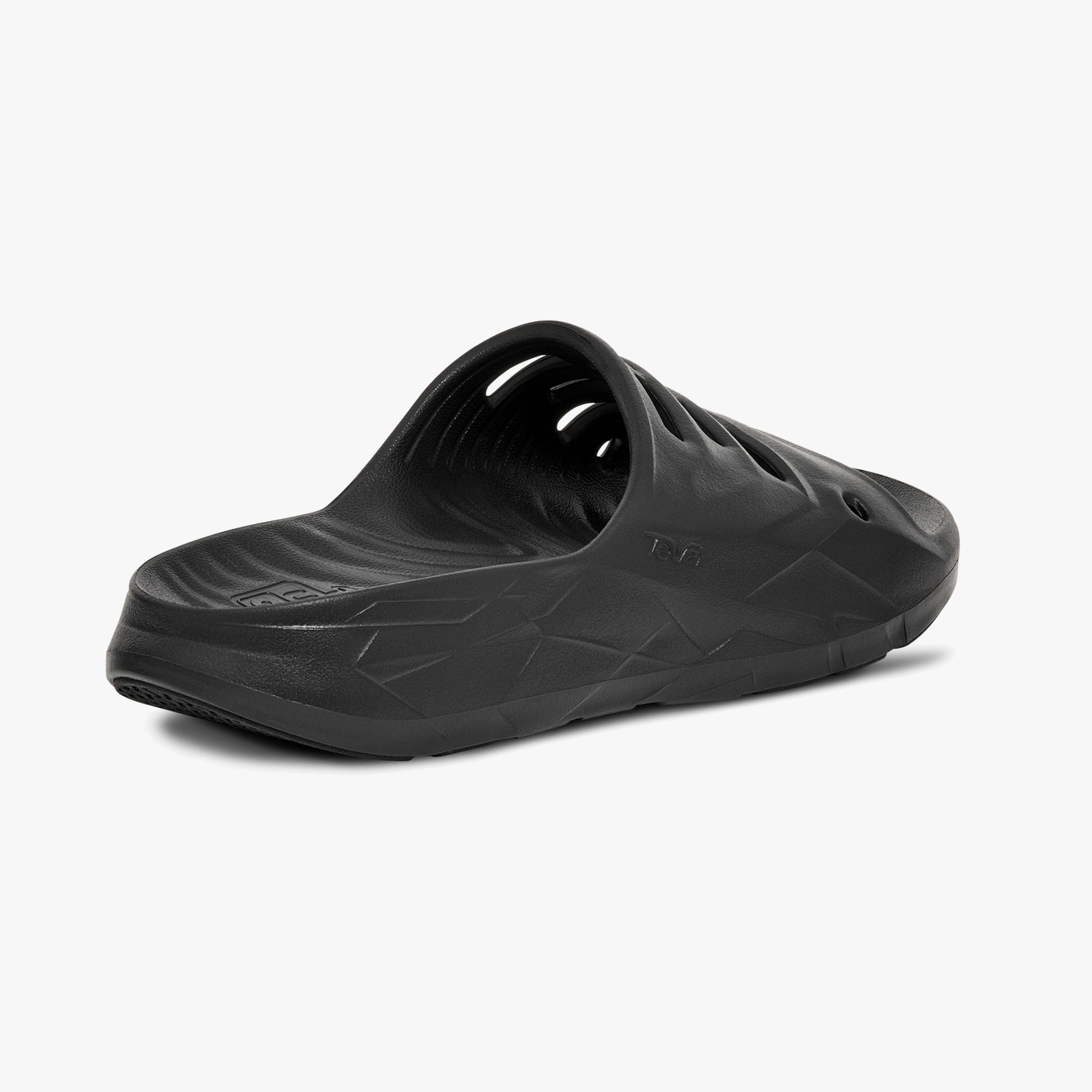 Teva Womens APRE TRAIL Sliders Black side view showcasing lightweight EVA upper and relaxed slip-on design.