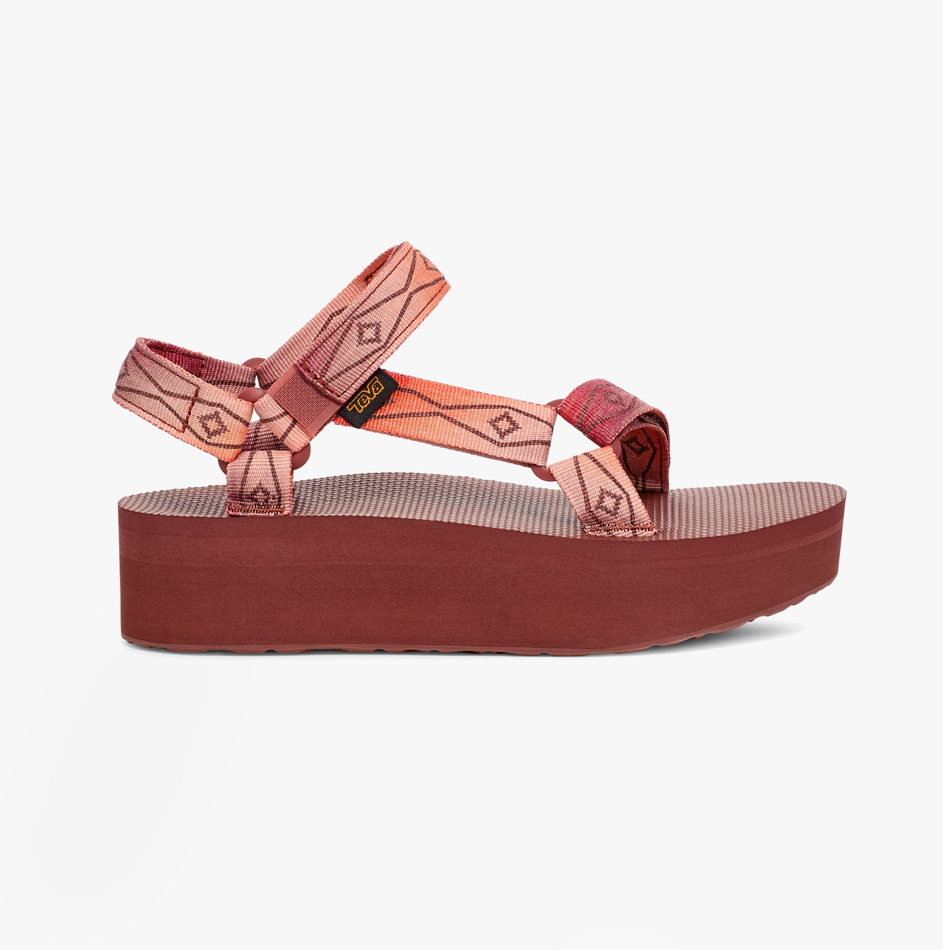 Teva FLATFORM UNIVERSAL SUNSCAPE Womens Sandals Waterless Scarlet side view showcasing platform sole and textile straps.