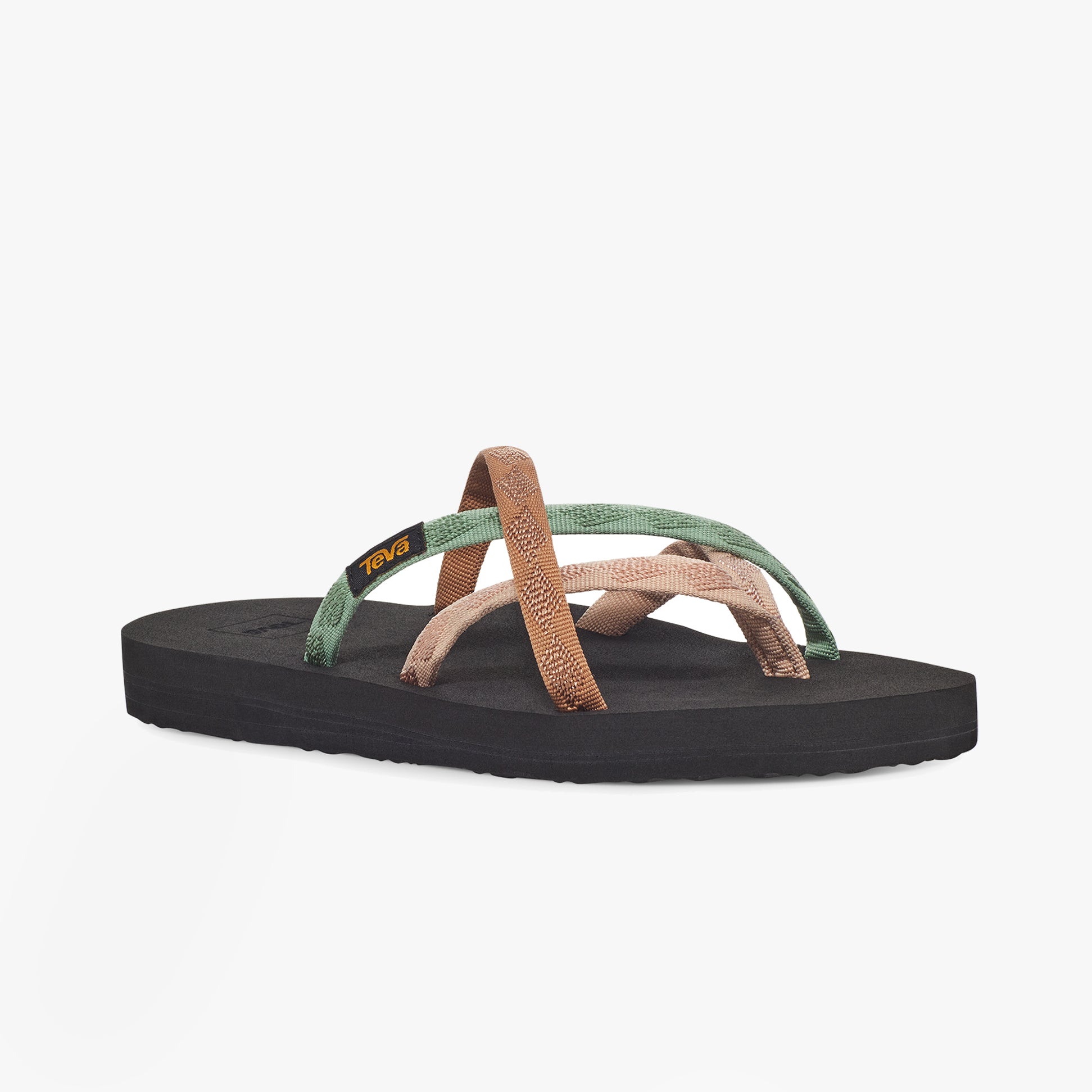 Teva OLOWAHU Womens Sandals Mixed B Maple Sugar Multi side view showing green and brown straps on a black sole