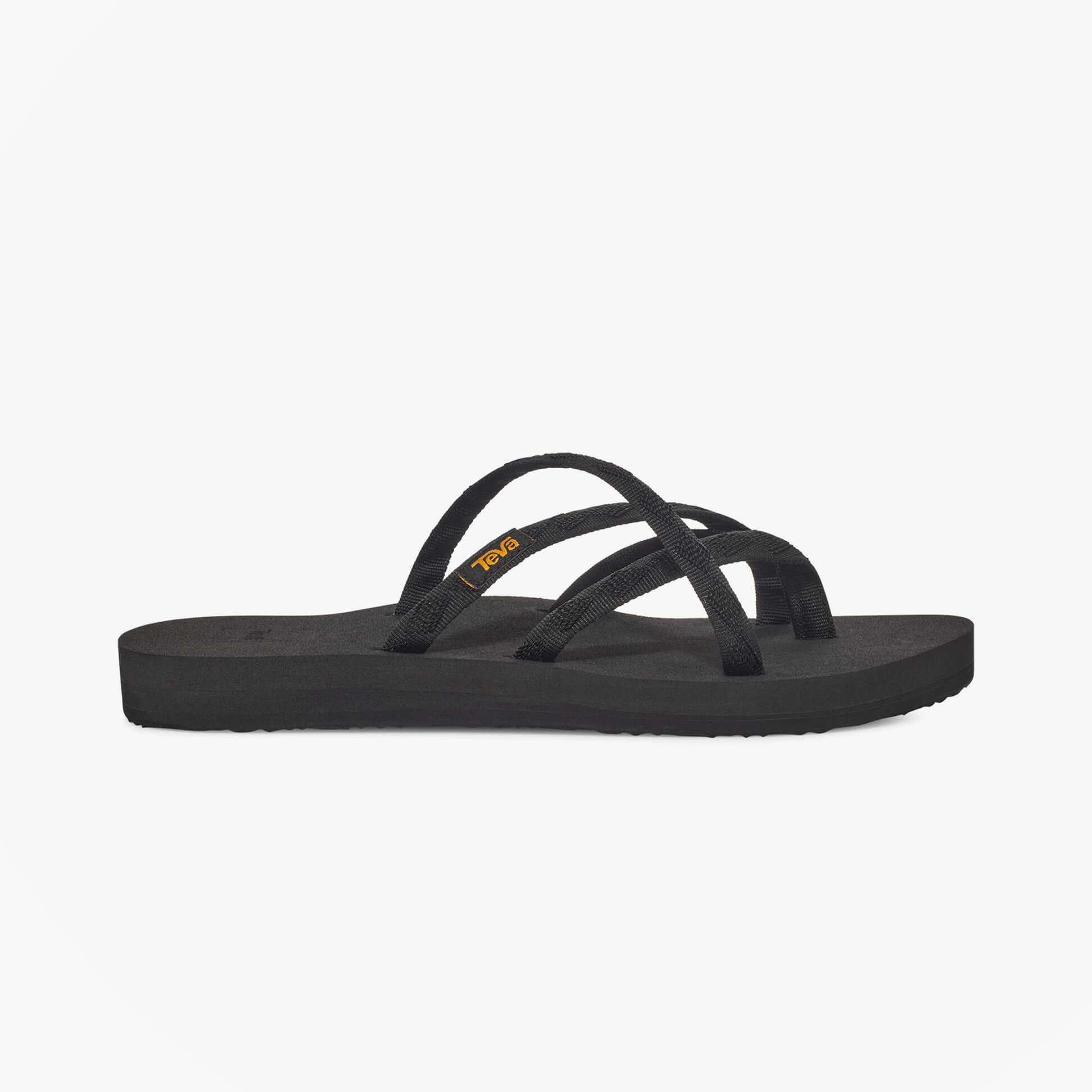 Teva OLOWAHU Womens Flip Flop All Black side view featuring lightweight design and slip-on style.