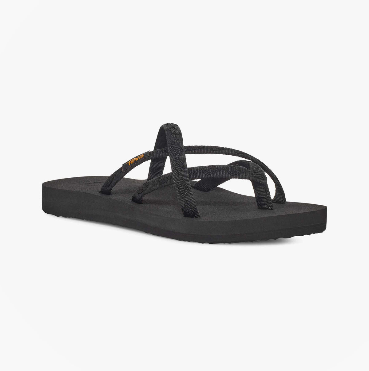 Teva OLOWAHU Womens Flip Flop All Black side view featuring lightweight design and slip-on style.