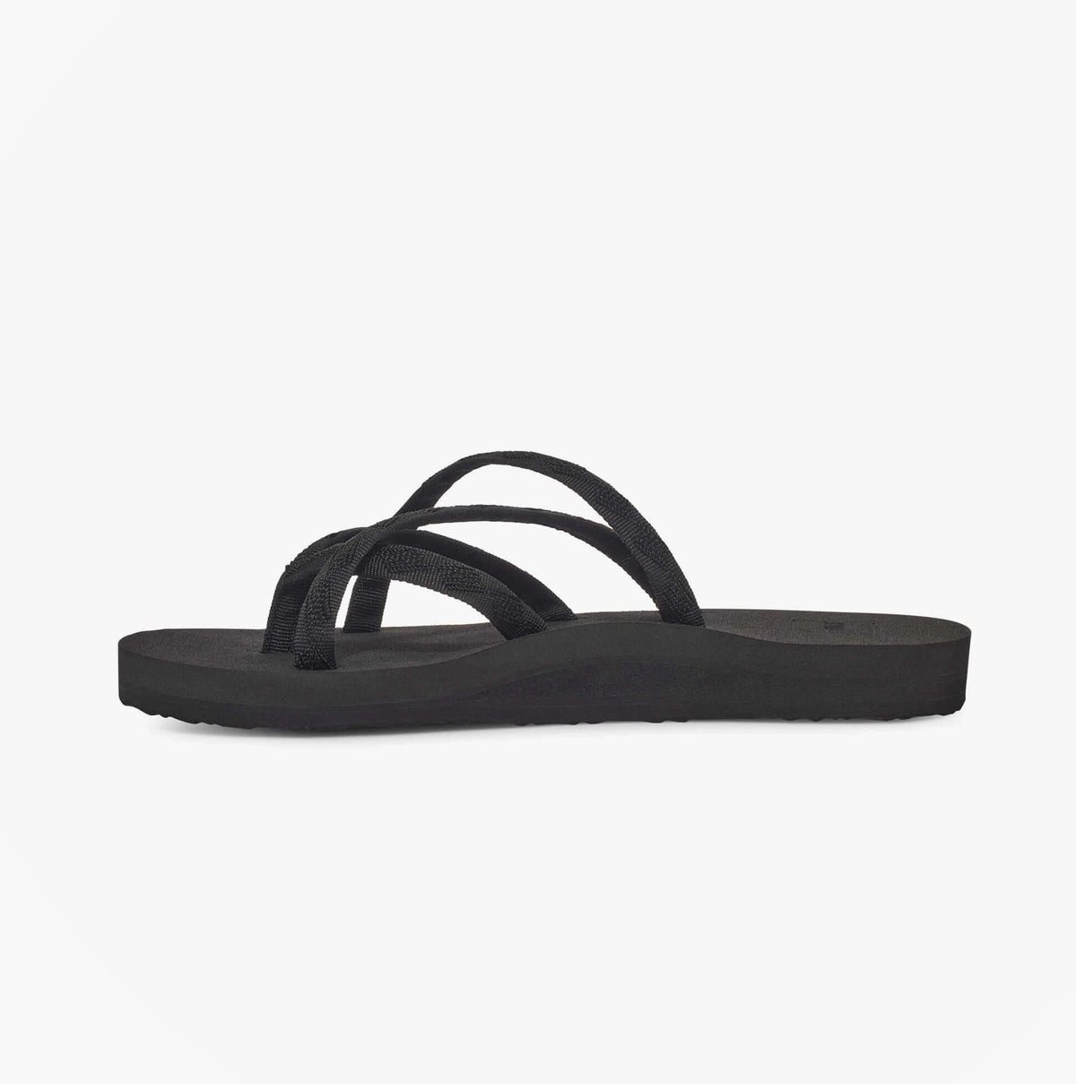 Teva OLOWAHU Womens Flip Flop All Black side view showcasing the recycled PET straps and EVA sole.