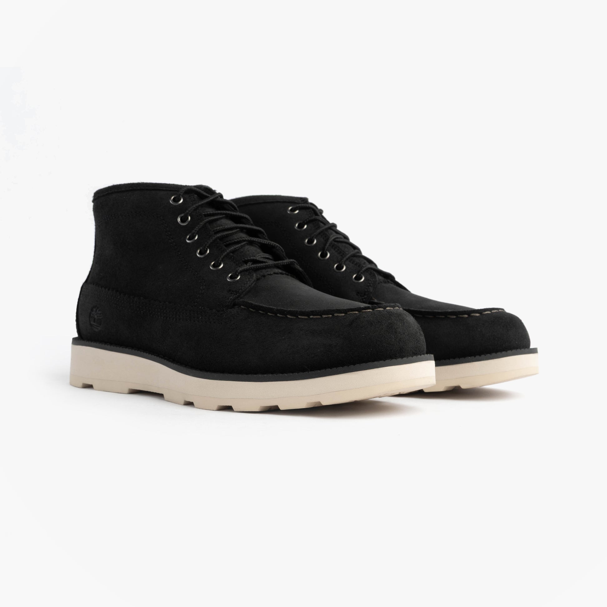 Timberland BRITTON MILLS MID Mens Chukka Boots Black Suede side view showcasing lace-up design and round toe shape.