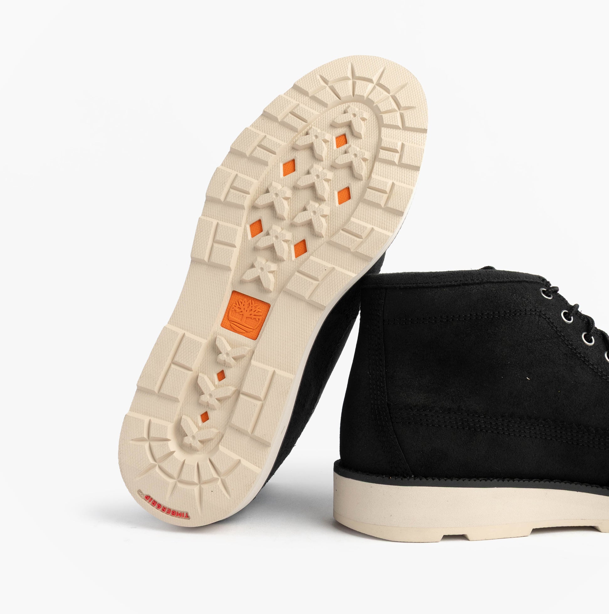 Timberland BRITTON MILLS MID Mens Chukka Boots Black Suede sole view showcasing the tread design.