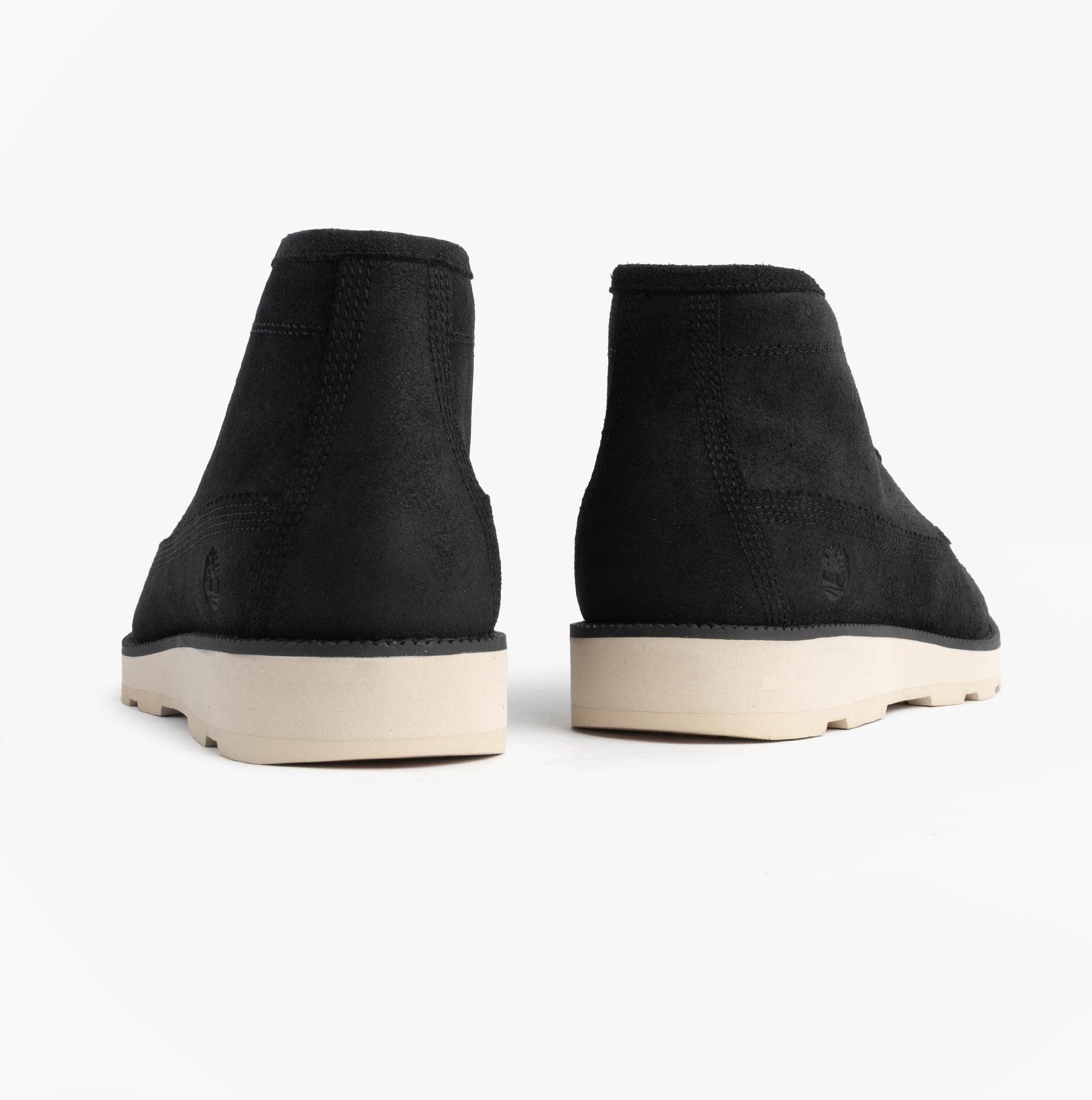 Timberland BRITTON MILLS MID Mens Chukka Boots Black Suede back view showcasing suede upper and light sole.