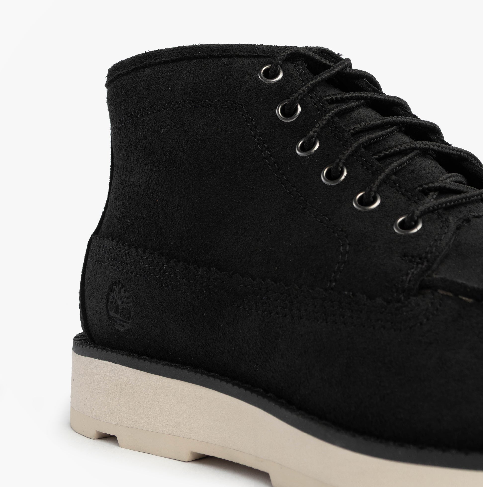 Timberland BRITTON MILLS MID Mens Chukka Boots Black Suede detail view showcasing laces and suede upper.