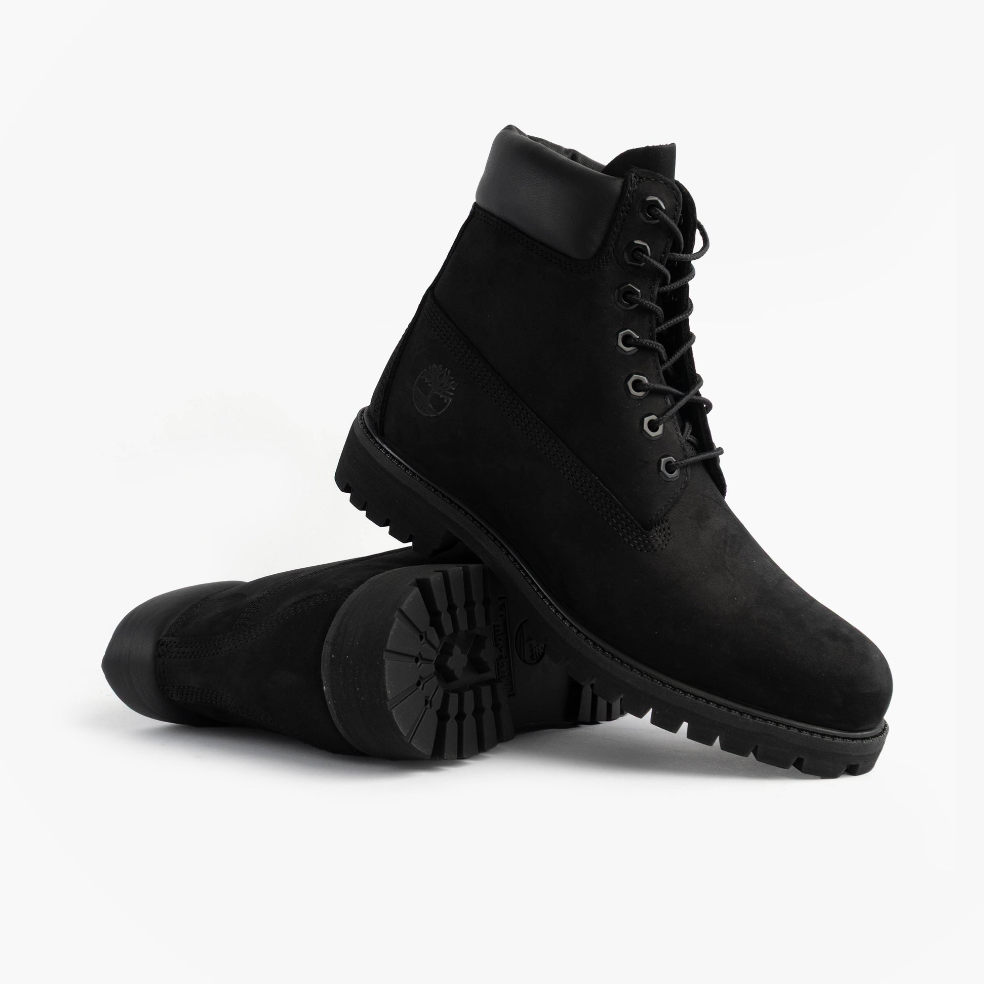 Timberland PREMIUM 6 INCH Mens Boots Black side view showcasing leather and rubber details.