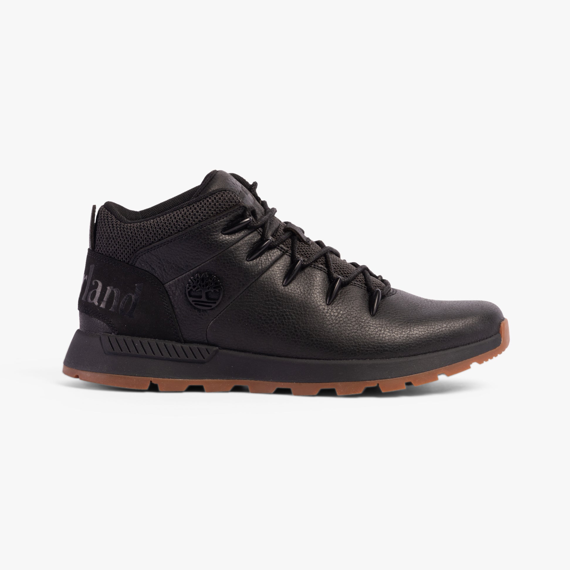 Timberland SPRINT TREKKER Mens Boots Jet Black side view featuring leather upper and rubber sole.