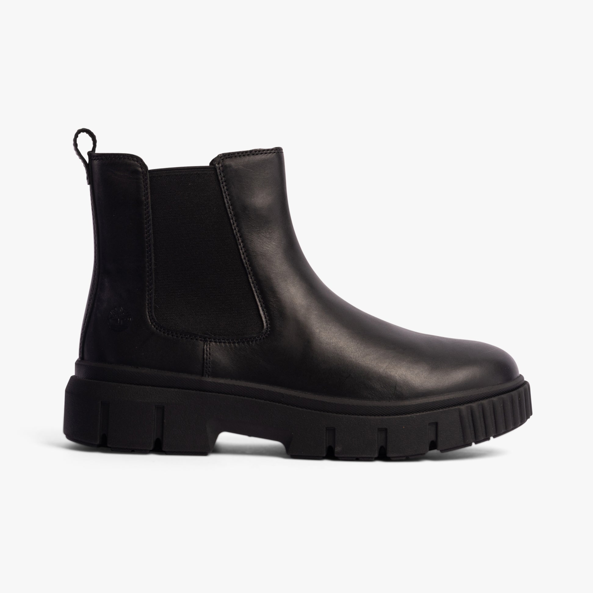 Timberland GREYFIELD Womens Boots Black side view featuring leather upper and thick rubber sole.