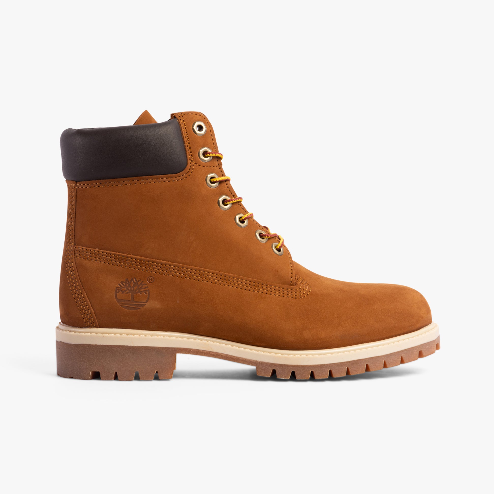 Timberland PREMIUM Mens Boots Wheat Nubuck side view, showing lace-up closure, round toe shape, and block heel.