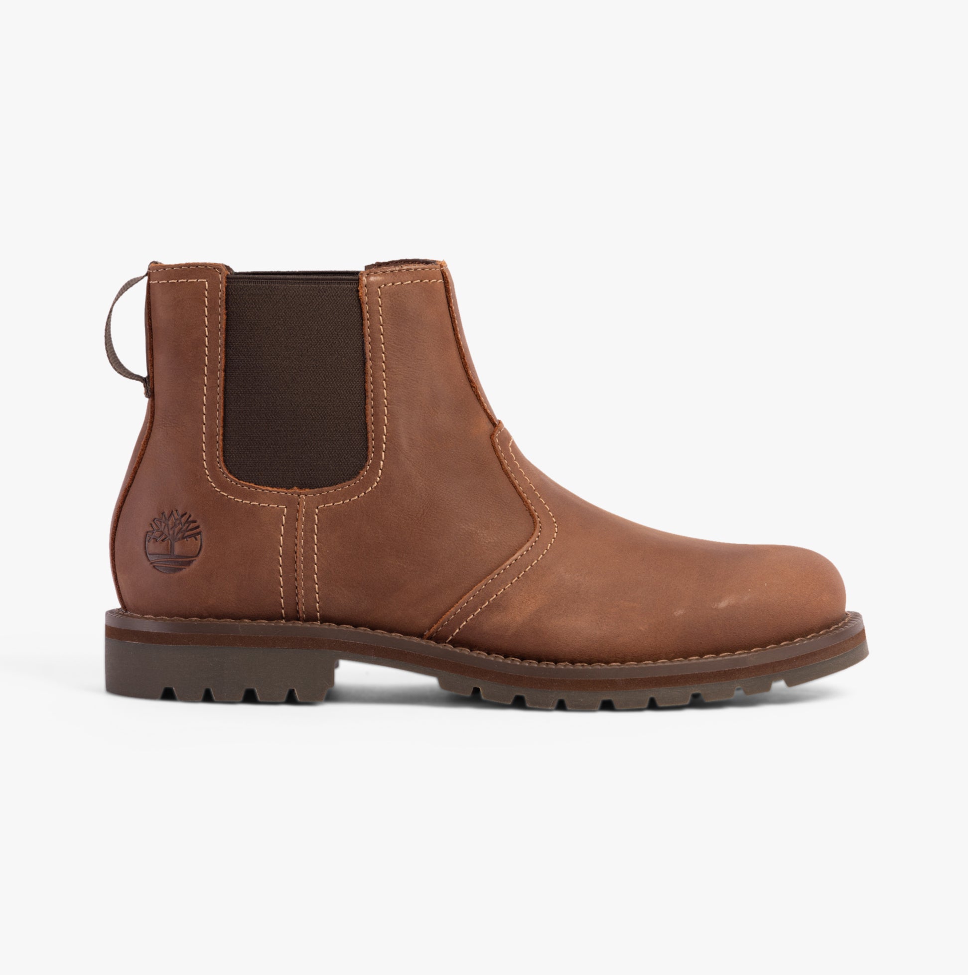Timberland LARCHMONT Mens Boots Brownie side view, Chelsea style, leather upper, elasticated side panel, round toe.