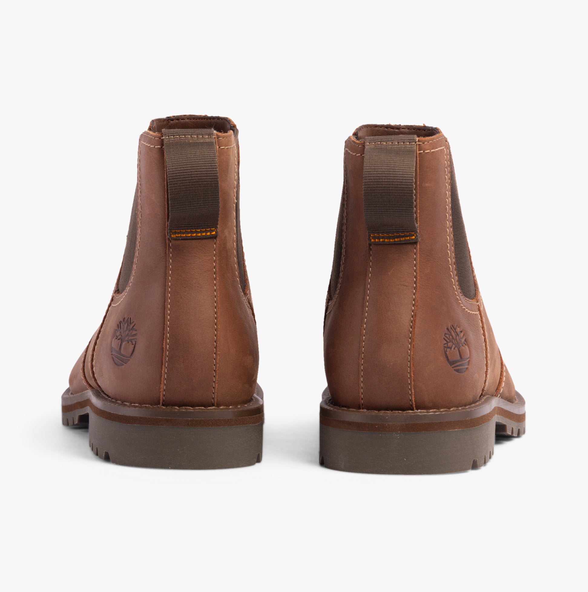 Timberland LARCHMONT Mens Boots Brownie rear view showing elasticated side panel and block heel.