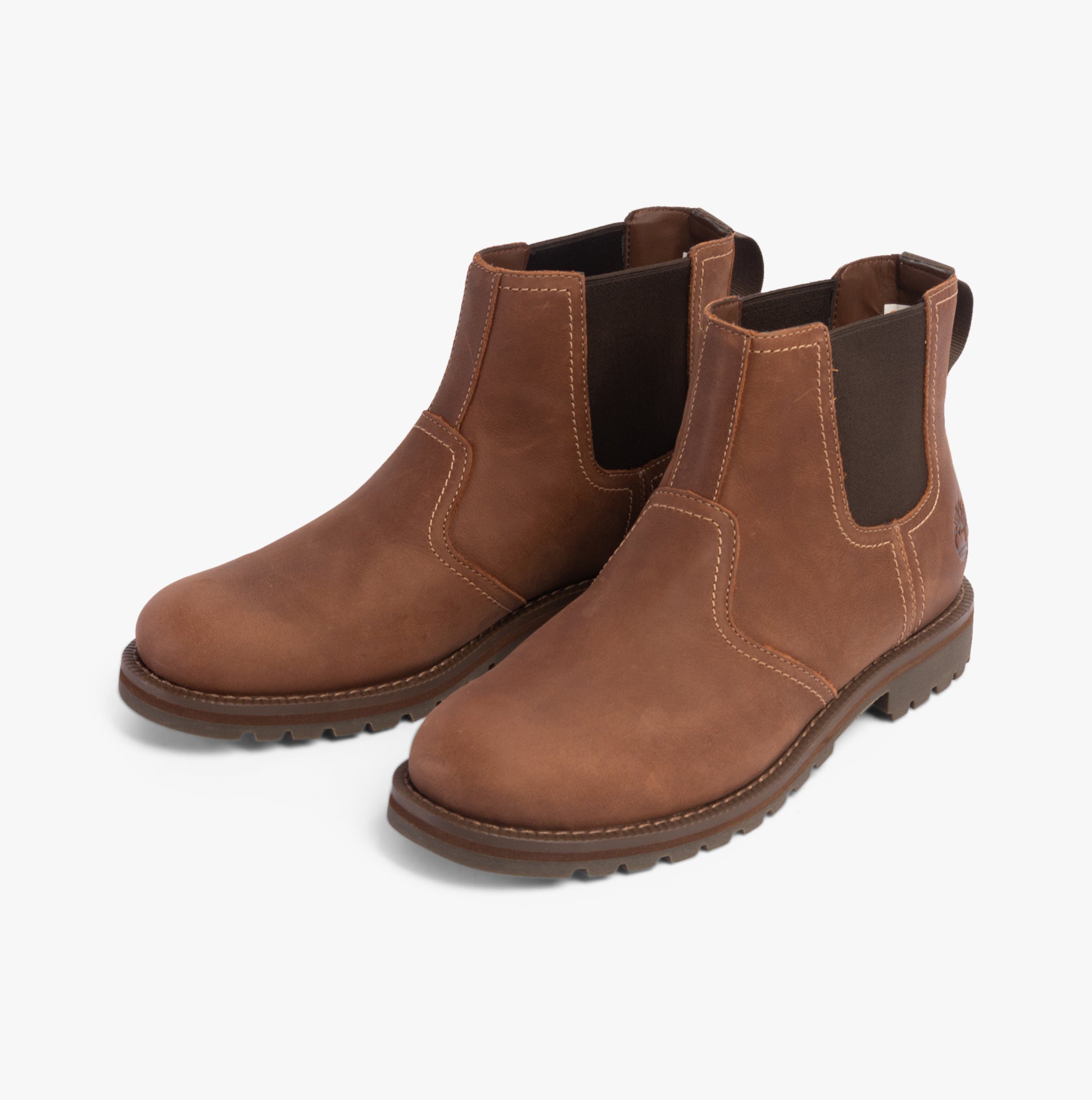 Timberland LARCHMONT Mens Boots Brownie side view of brown leather Chelsea boots with elasticated side panels.