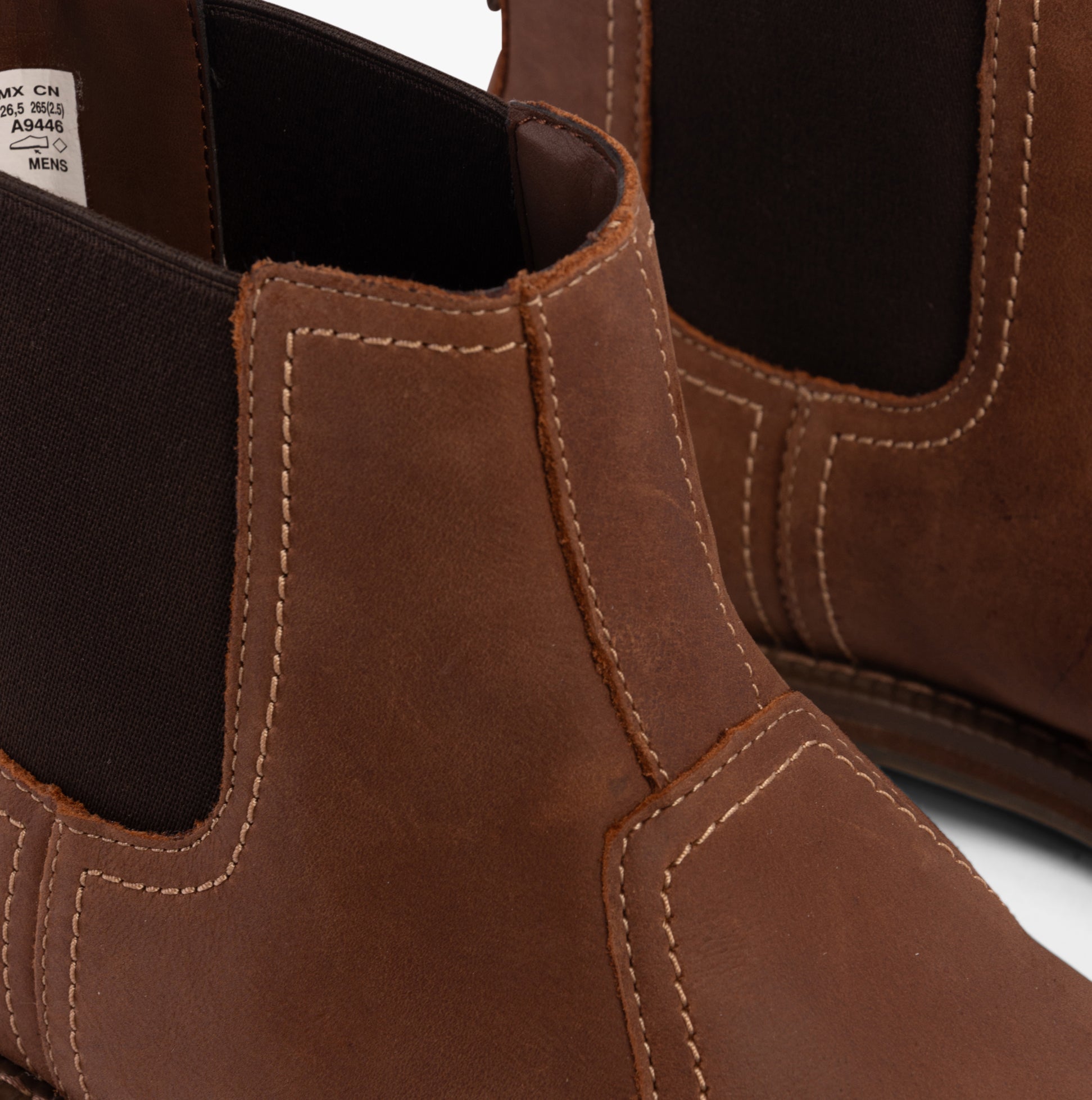 Timberland LARCHMONT Mens Boots Brownie detail view showcasing leather upper and elasticated side panel.