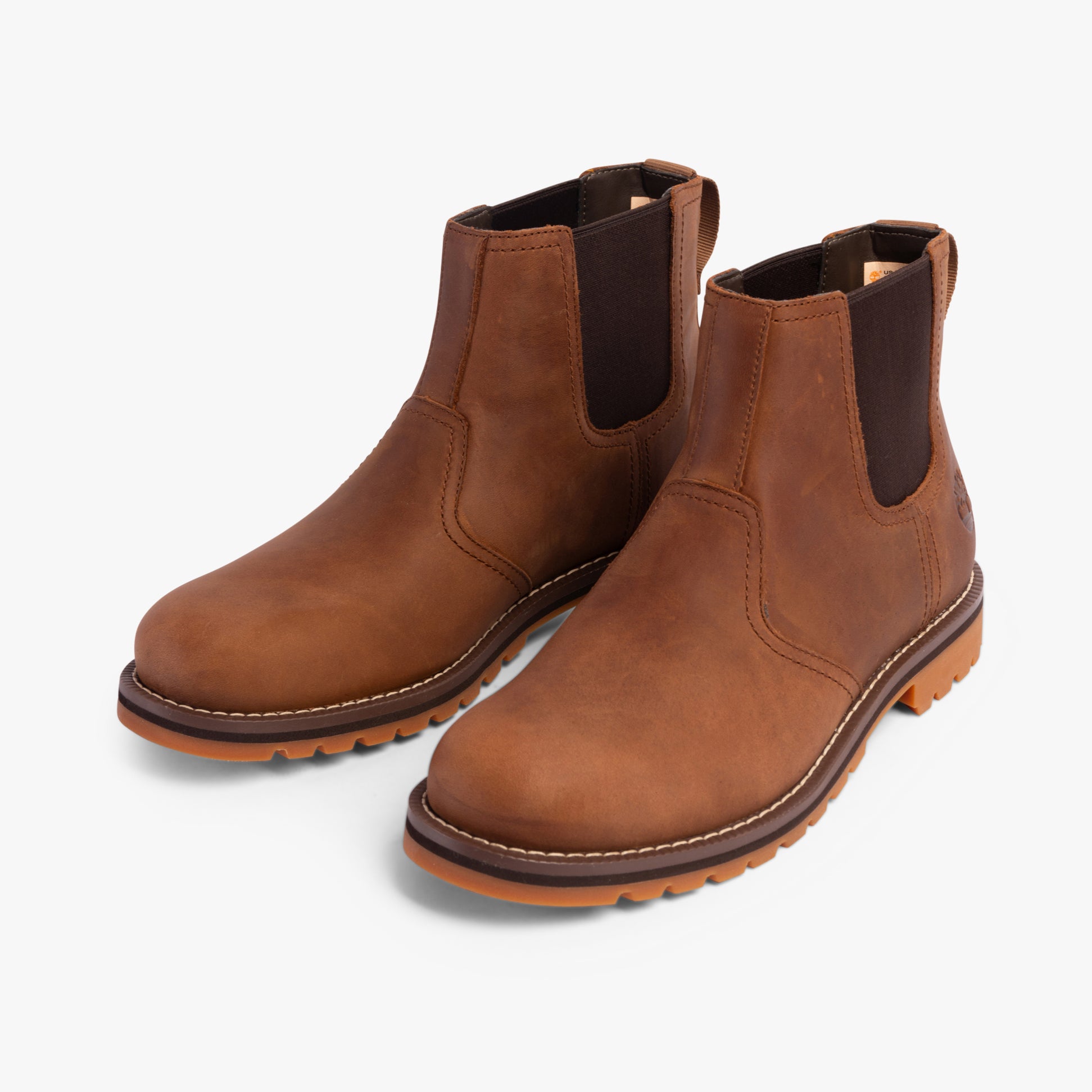Timberland LARCHMONT Mens Boots Saddle brown leather Chelsea Boots side view with elasticated panels