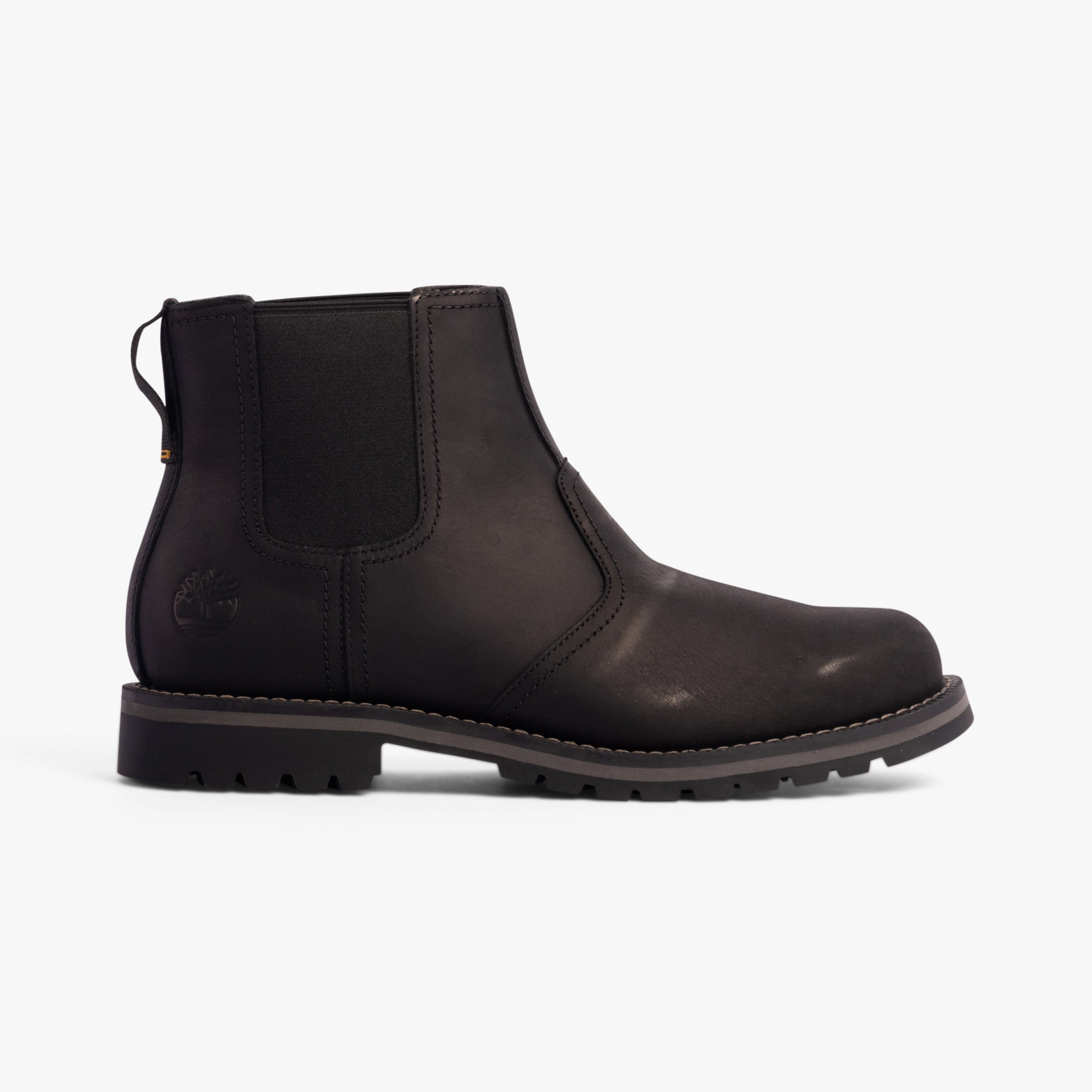 Timberland LARCHMONT Mens Boots Jet Black side view showcasing leather upper and elasticated side panel.