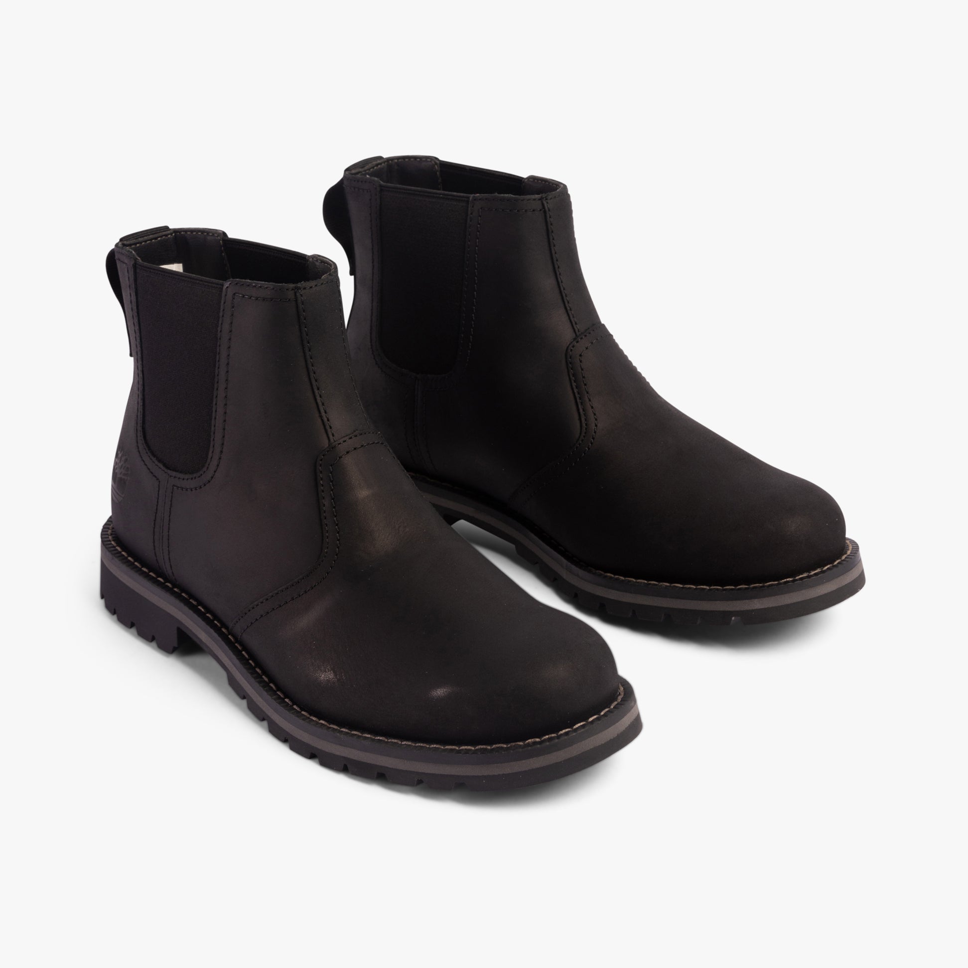 Timberland LARCHMONT Mens Boots Jet Black side view showcasing elasticated side panel and block heel.