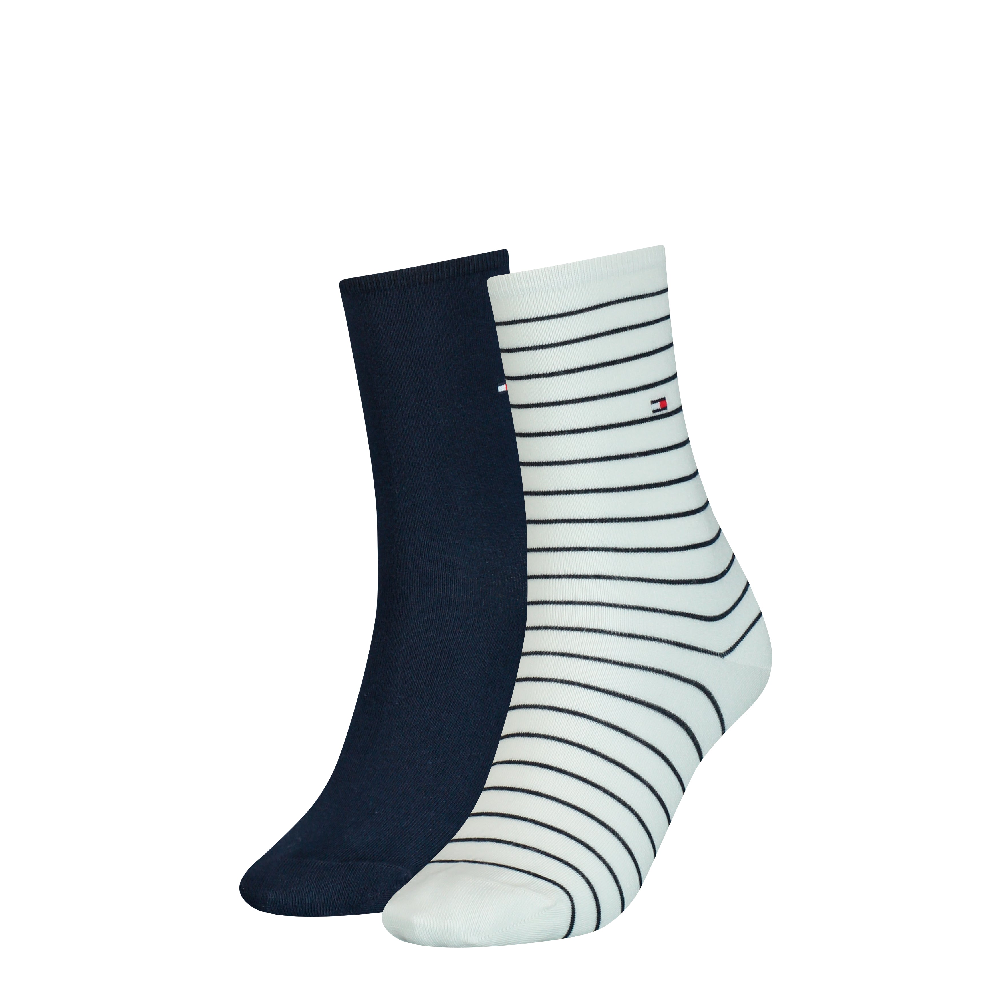 Tommy Hilfiger 2 Pack Womens Crew Stripe Socks White front view showing white striped sock and solid navy sock.