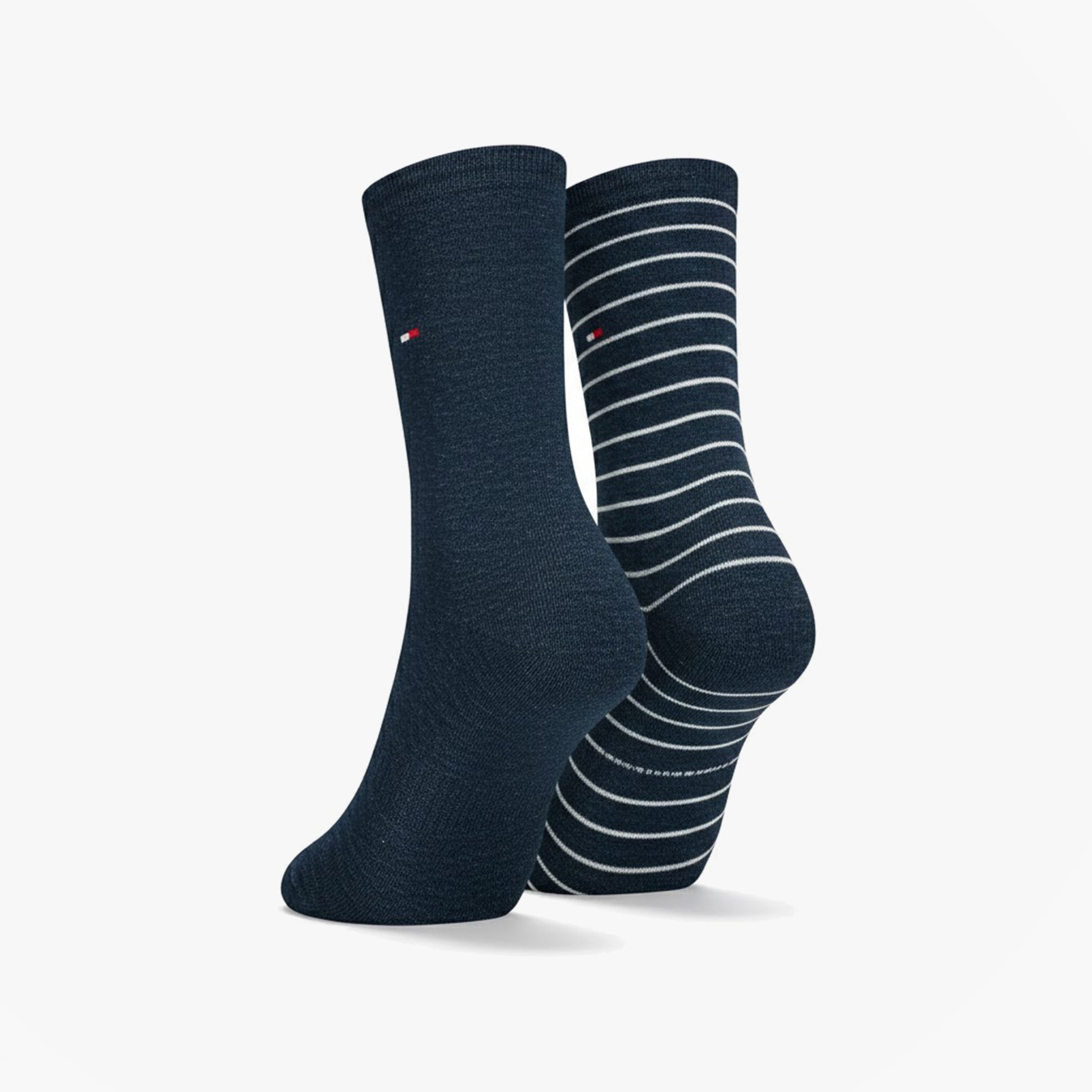 Tommy Hilfiger 2 Pack Womens Crew Stripe Socks Navy side view showcasing solid and striped designs.