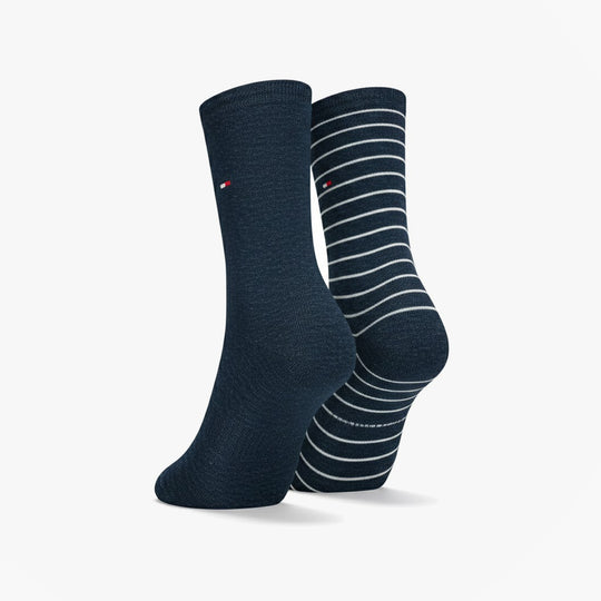 Tommy Hilfiger 2 Pack Womens Crew Stripe Socks Navy side view showcasing solid and striped designs.