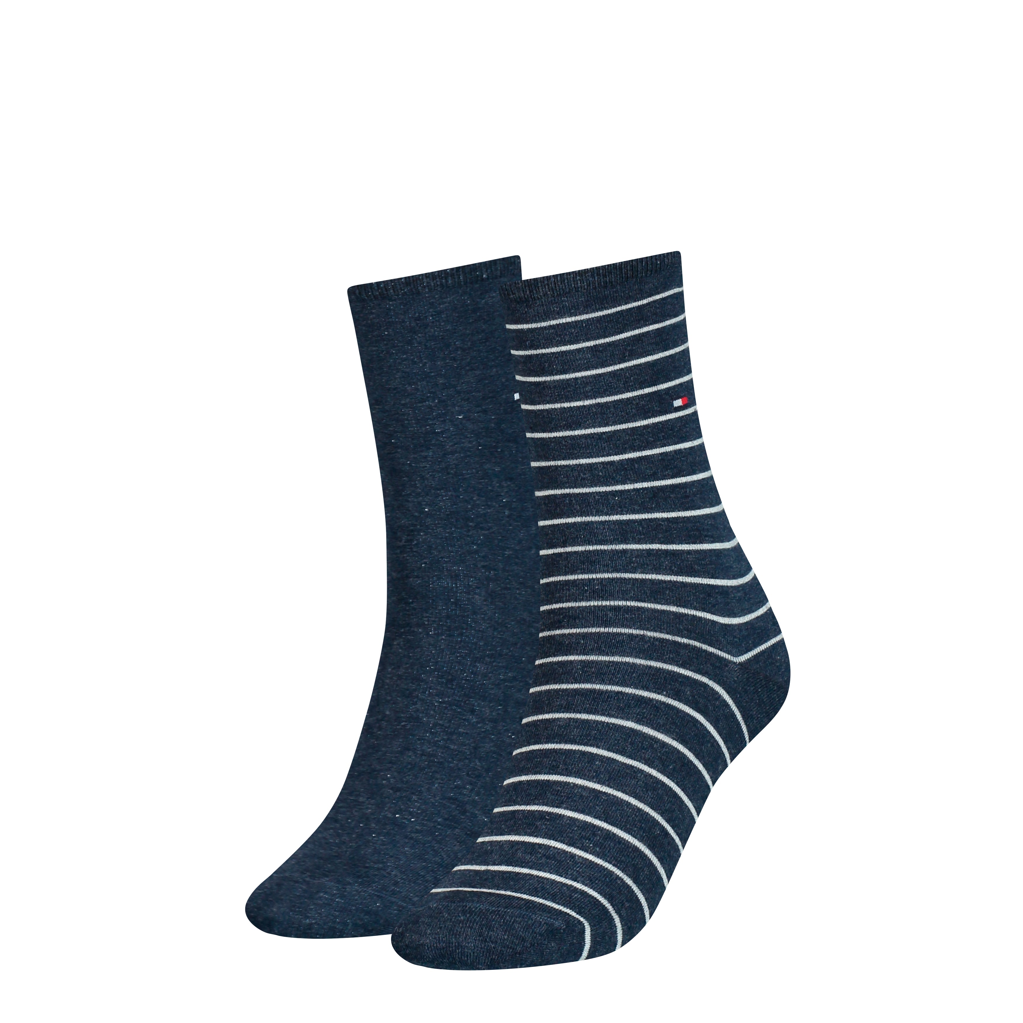 Tommy Hilfiger 2 Pack Womens Crew Stripe Socks Navy front view showing solid navy and striped designs.