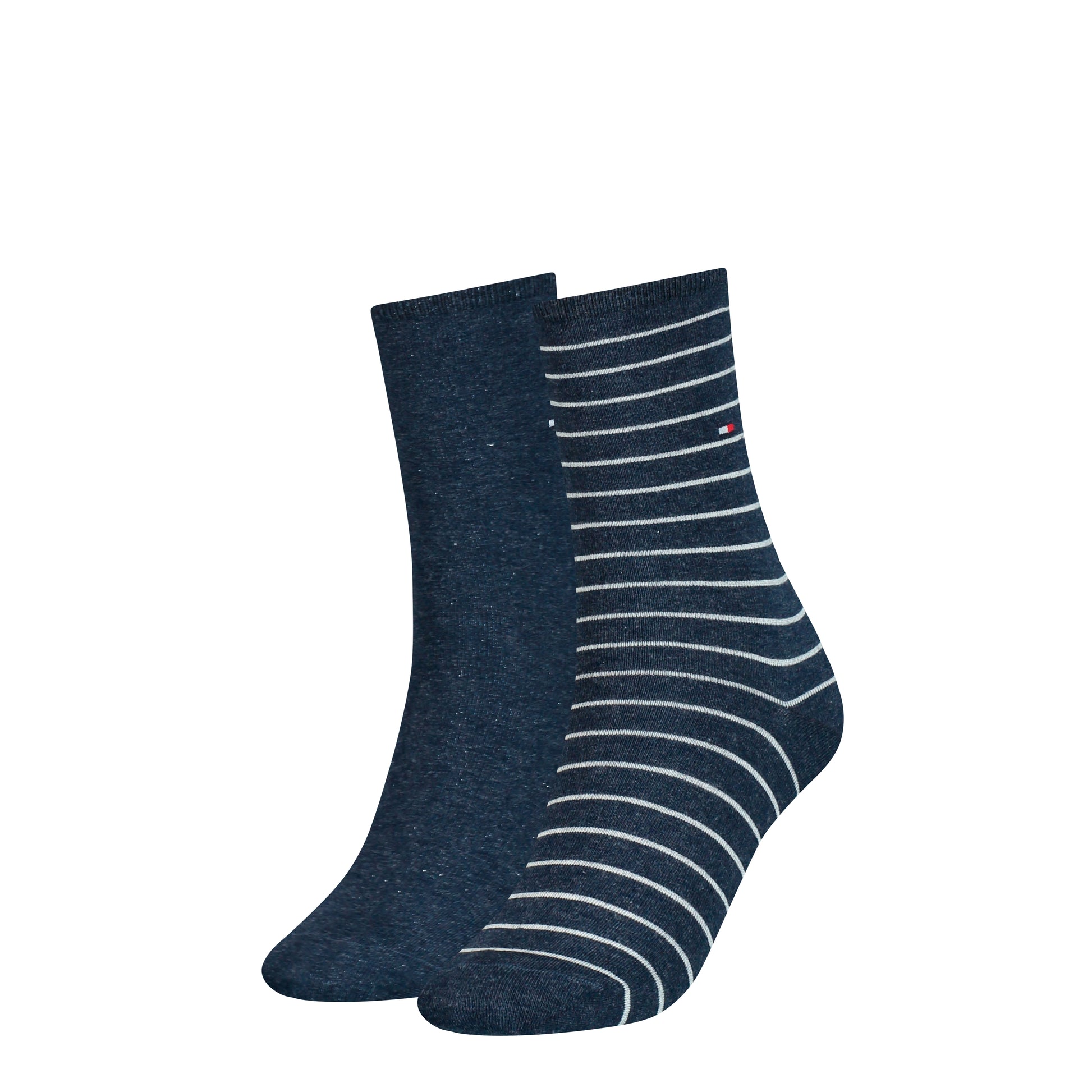 Tommy Hilfiger 2 Pack Womens Crew Stripe Socks Navy front view showing solid navy and striped designs.