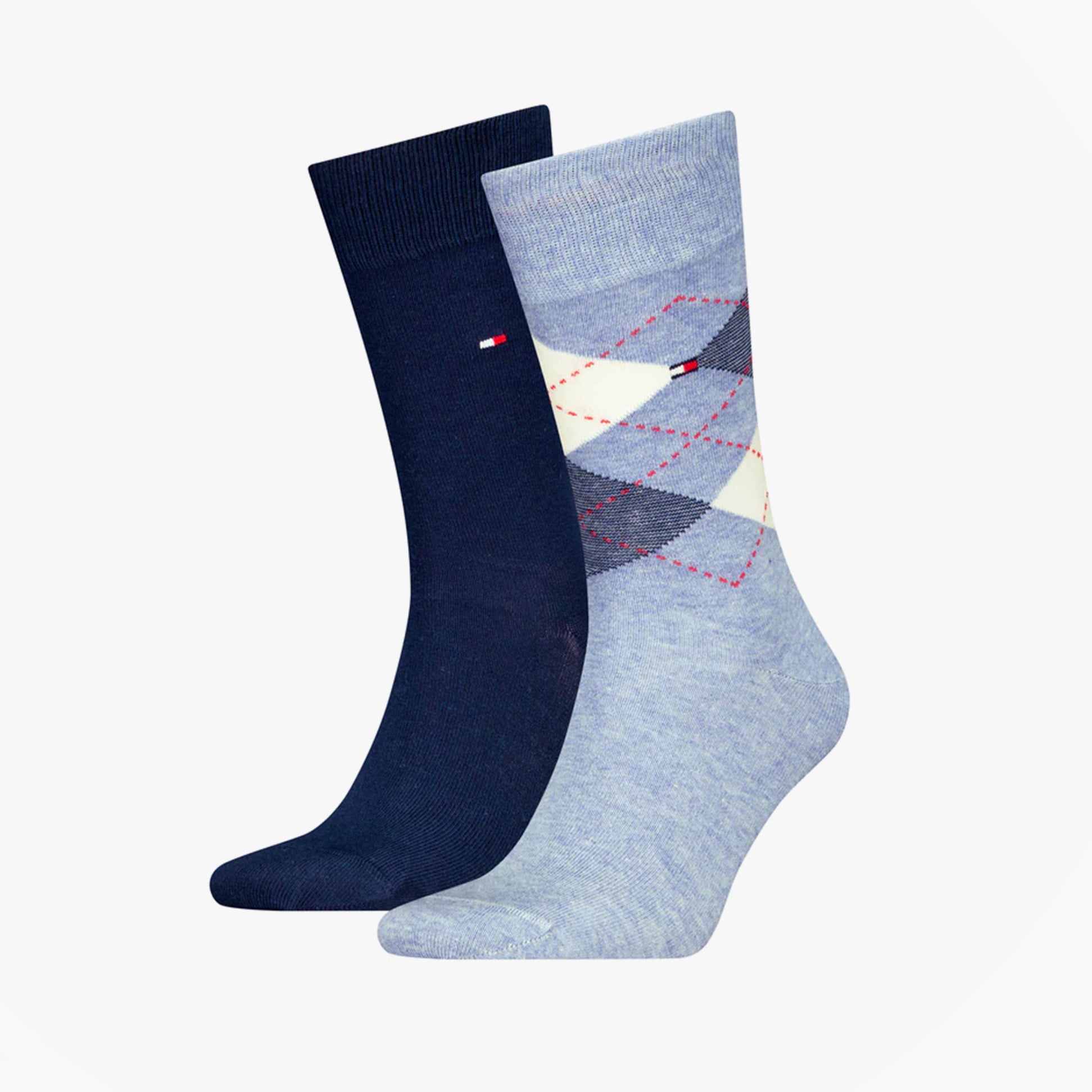 Tommy Hilfiger 2 Pack Mens Crew Checked Socks Blue Combo, front view showing blue and navy checked patterns.