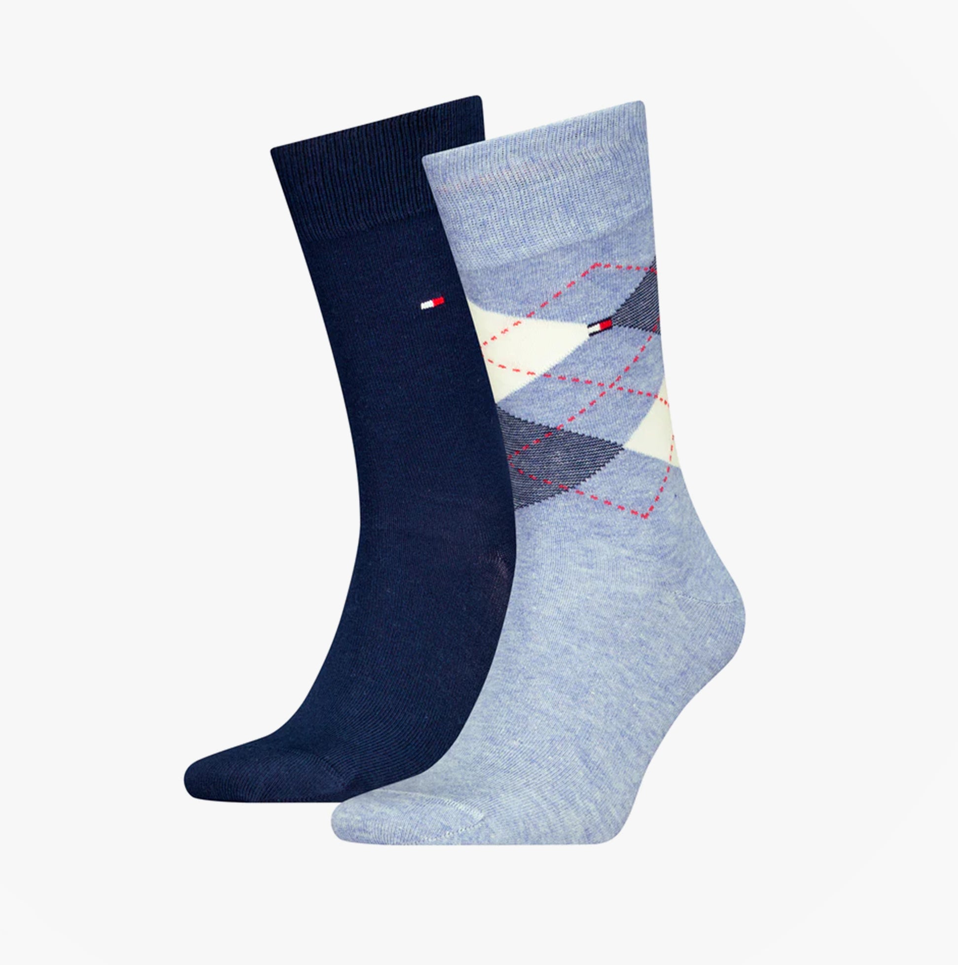 Tommy Hilfiger 2 Pack Mens Crew Checked Socks Blue Combo, front view showing blue and navy checked patterns.