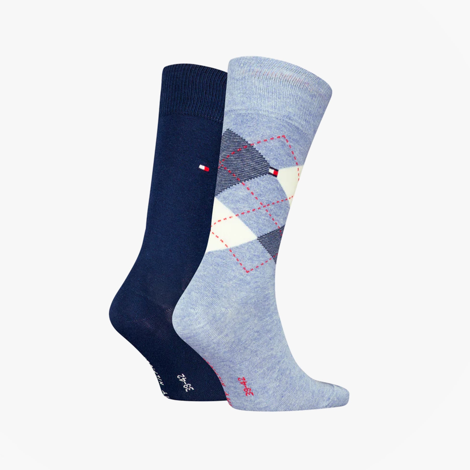 Tommy Hilfiger 2 Pack Mens Crew Checked Socks Blue Combo side view showcasing navy and light blue patterns.
