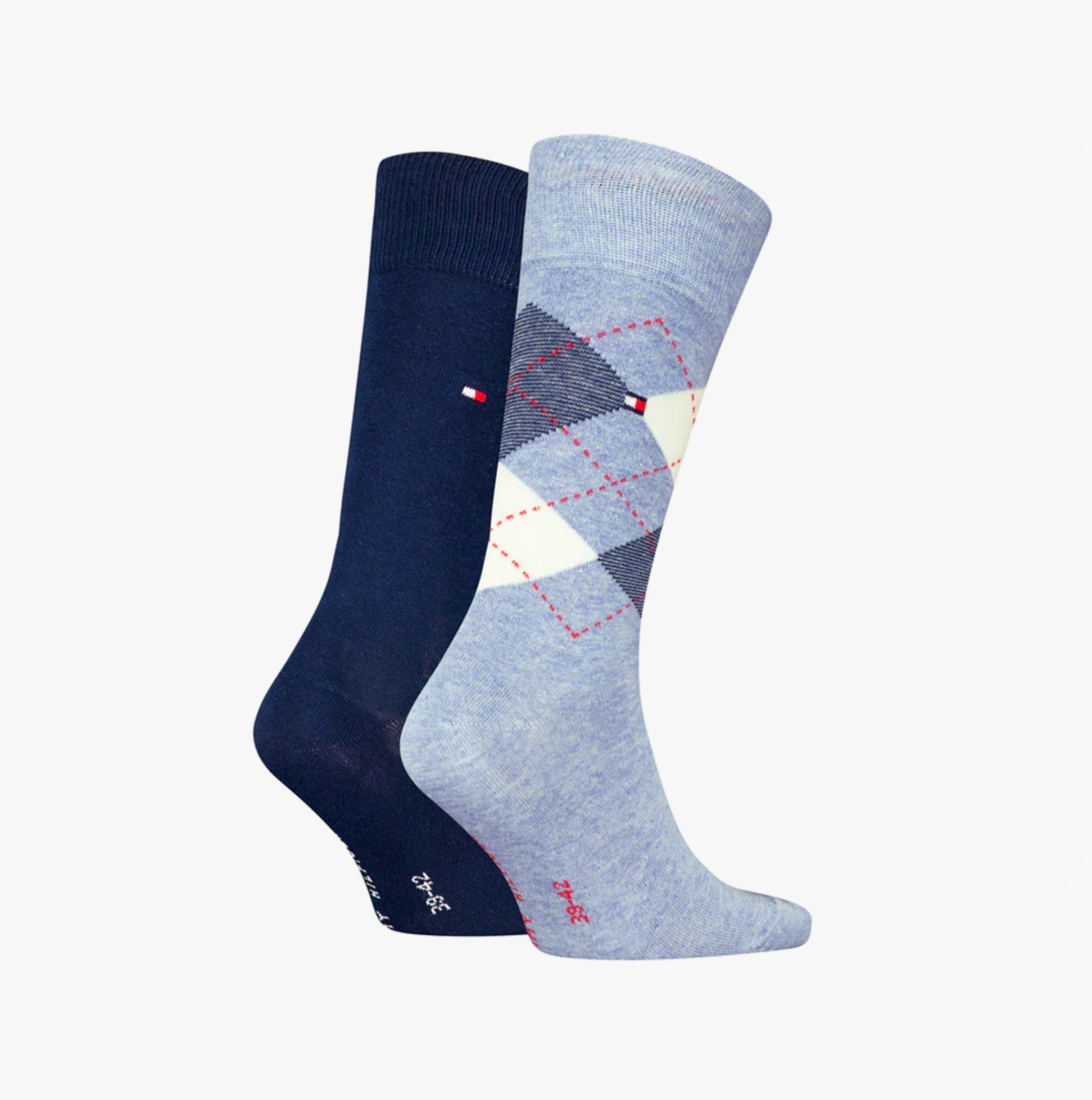 Tommy Hilfiger 2 Pack Mens Crew Checked Socks Blue Combo side view showcasing navy and light blue patterns.