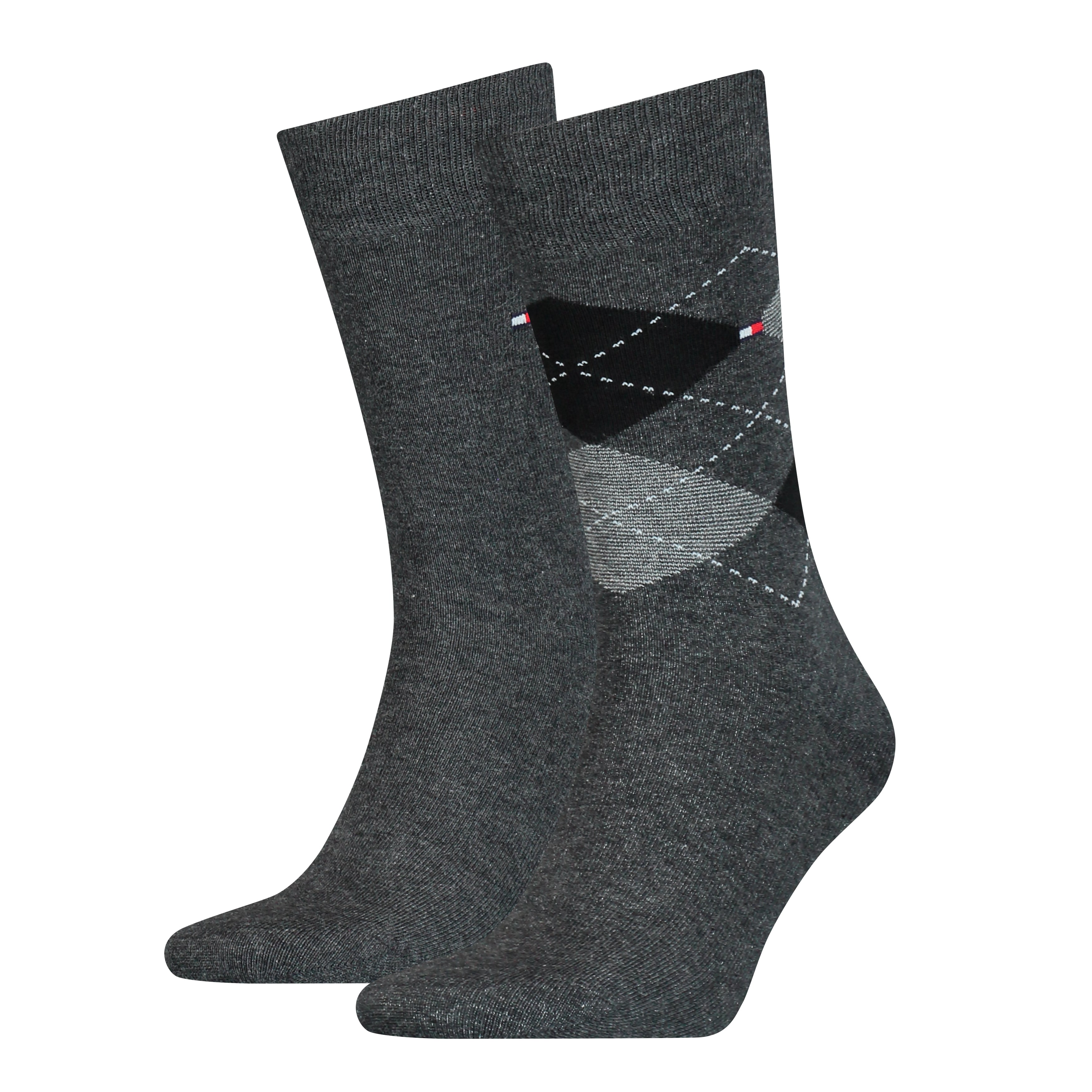 Tommy Hilfiger 2 Pack Mens Checked Crew Socks Grey, front view showing grey socks with checked design.