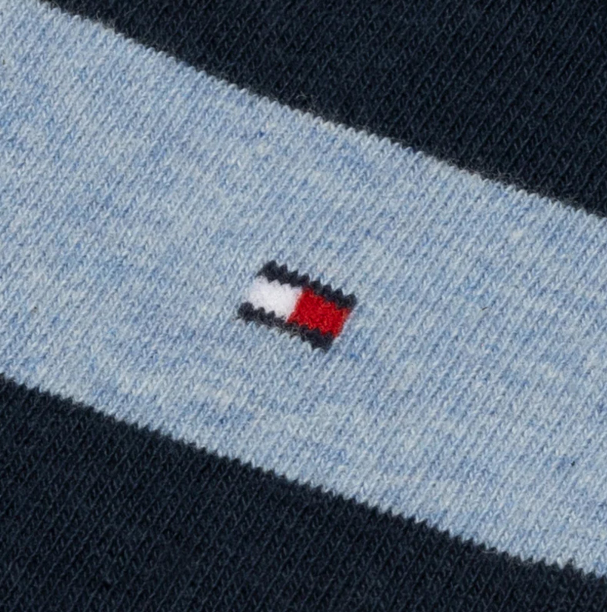 Tommy Hilfiger 2 Pack Mens Crew Stripe Socks Light Blue detail view of brand logo on sock fabric