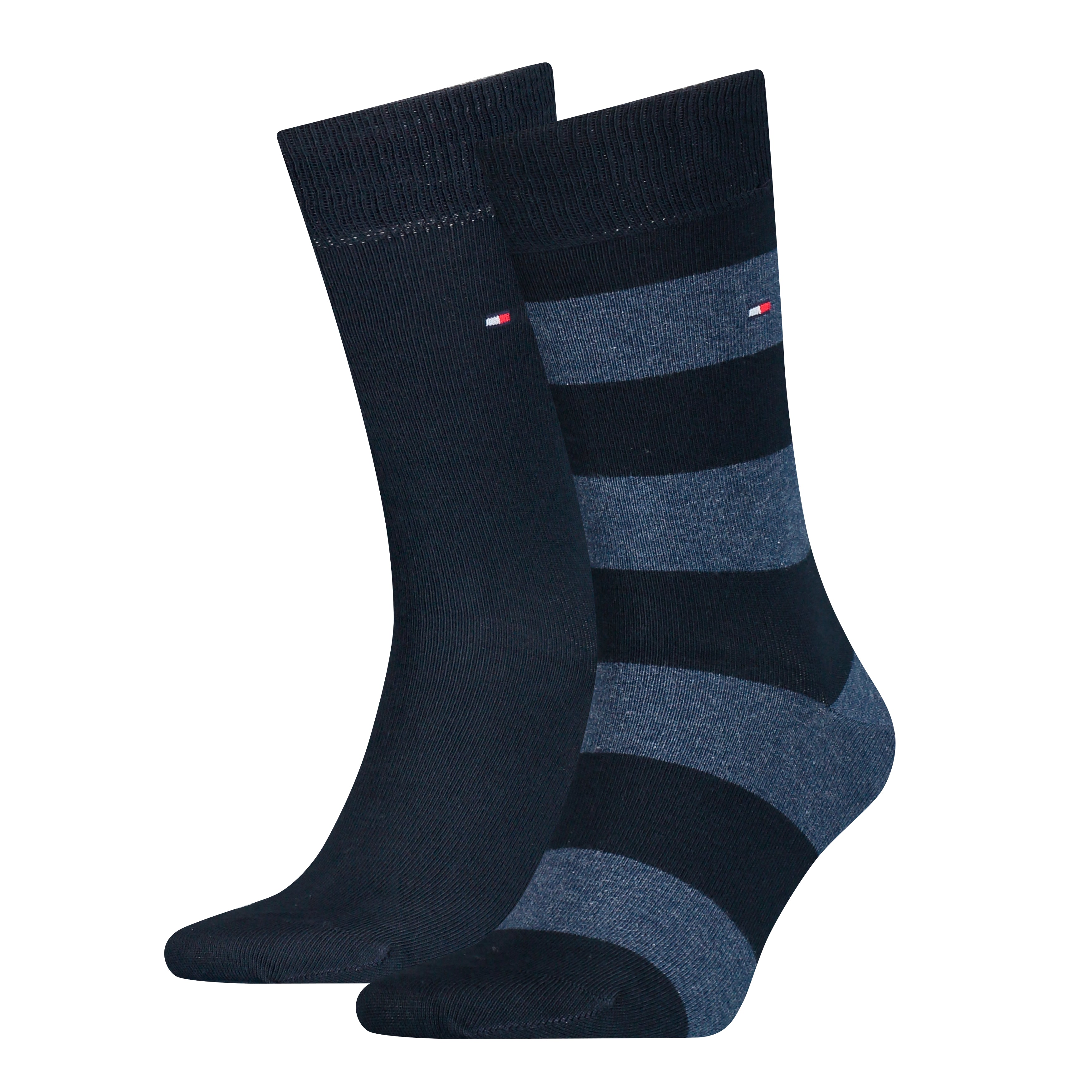 Tommy Hilfiger 2 Pack Mens Crew Stripe Socks Dark Blue side view showing dark blue and striped designs.