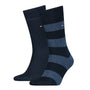 Tommy Hilfiger 2 Pack Mens Crew Stripe Socks Dark Blue side view showing dark blue and striped designs.