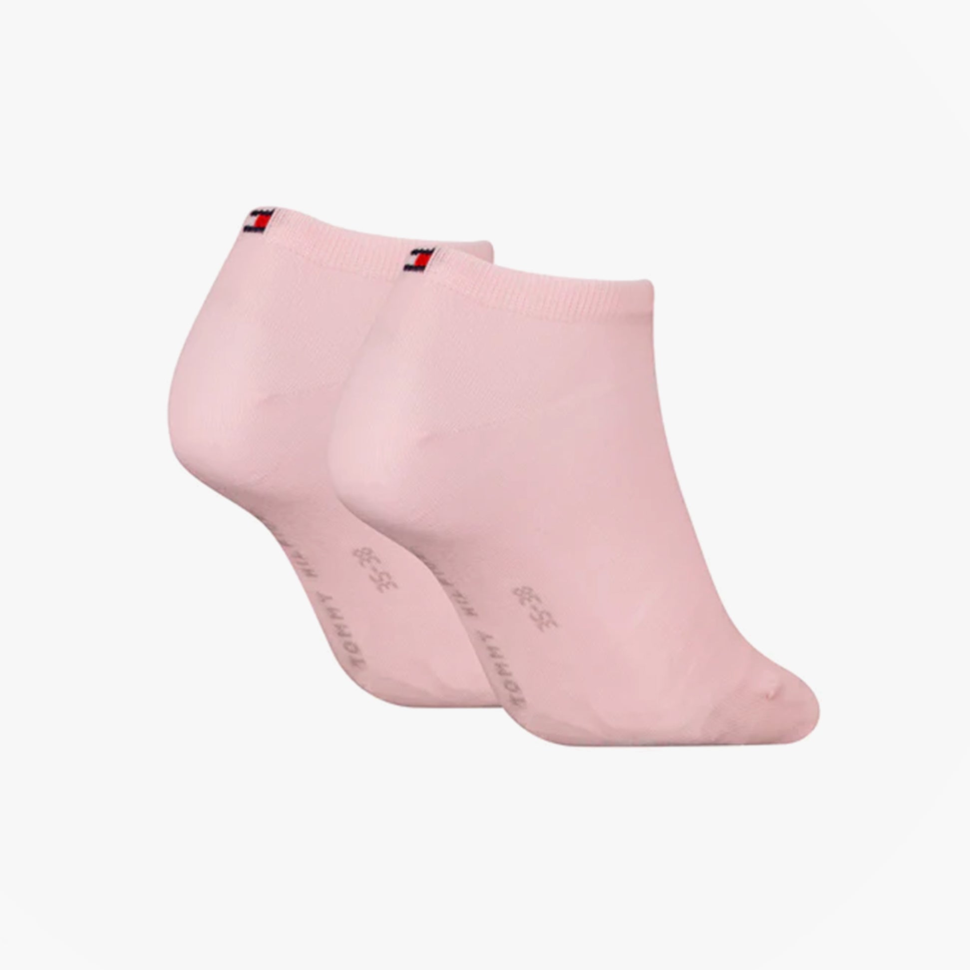 Tommy Hilfiger 2 Pack Trainer Womens Ankle Socks Pink side view displaying two pairs in soft pink color.