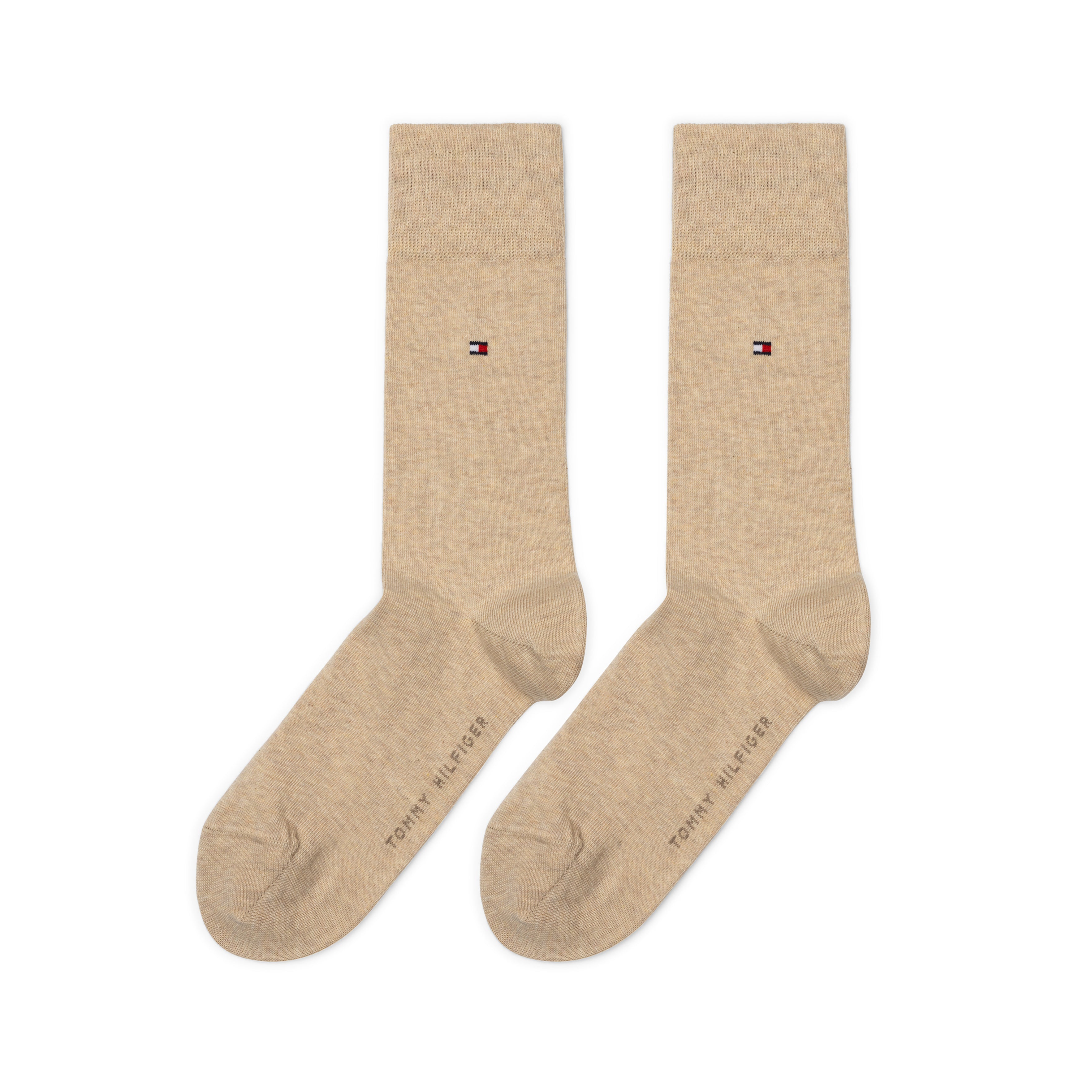 Tommy Hilfiger 2 Pack Mens Crew Classic Socks Beige front view showing soft texture and logo detail.