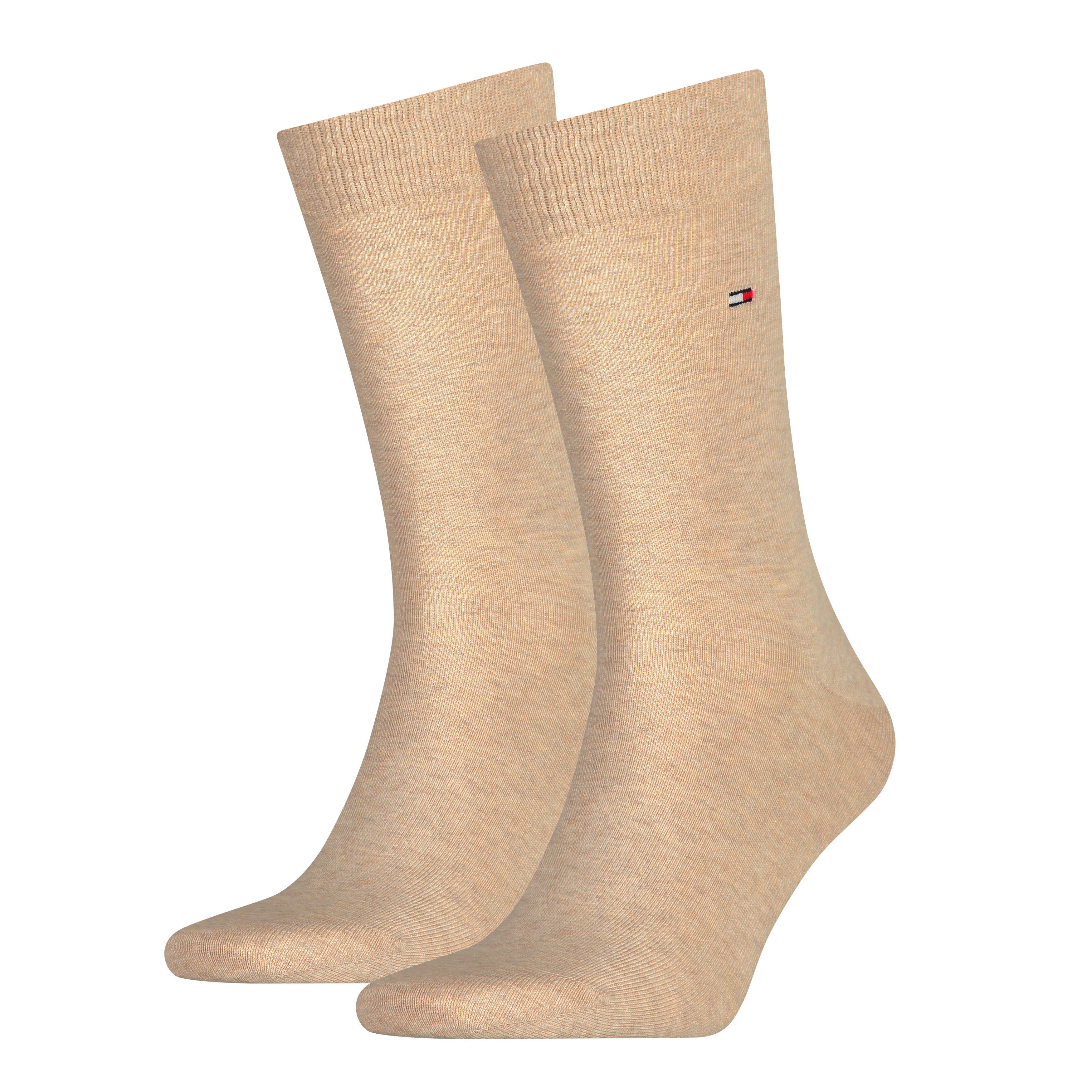 Tommy Hilfiger 2 Pack Mens Crew Classic Socks Beige front view highlighting the soft, beige cotton blend fabric.
