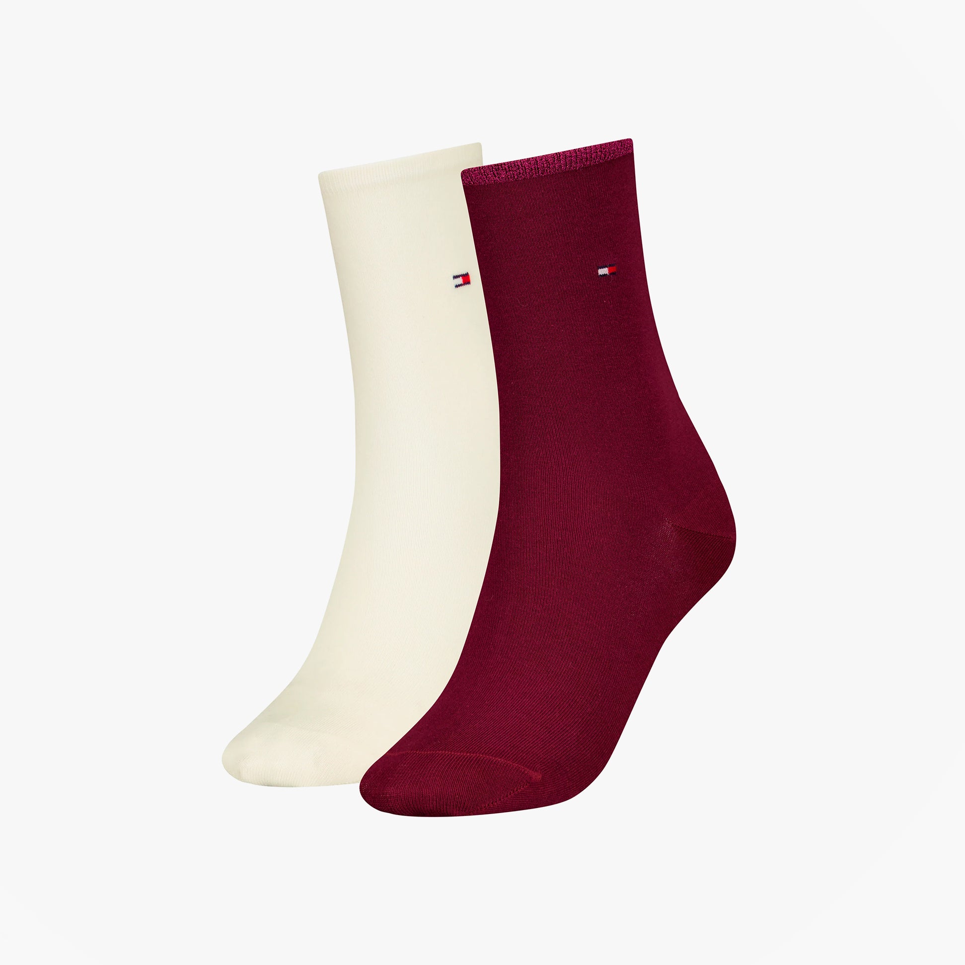 Tommy Hilfiger 2 Pack Womens Crew Socks Deep Rouge front view featuring deep rouge and cream colors.